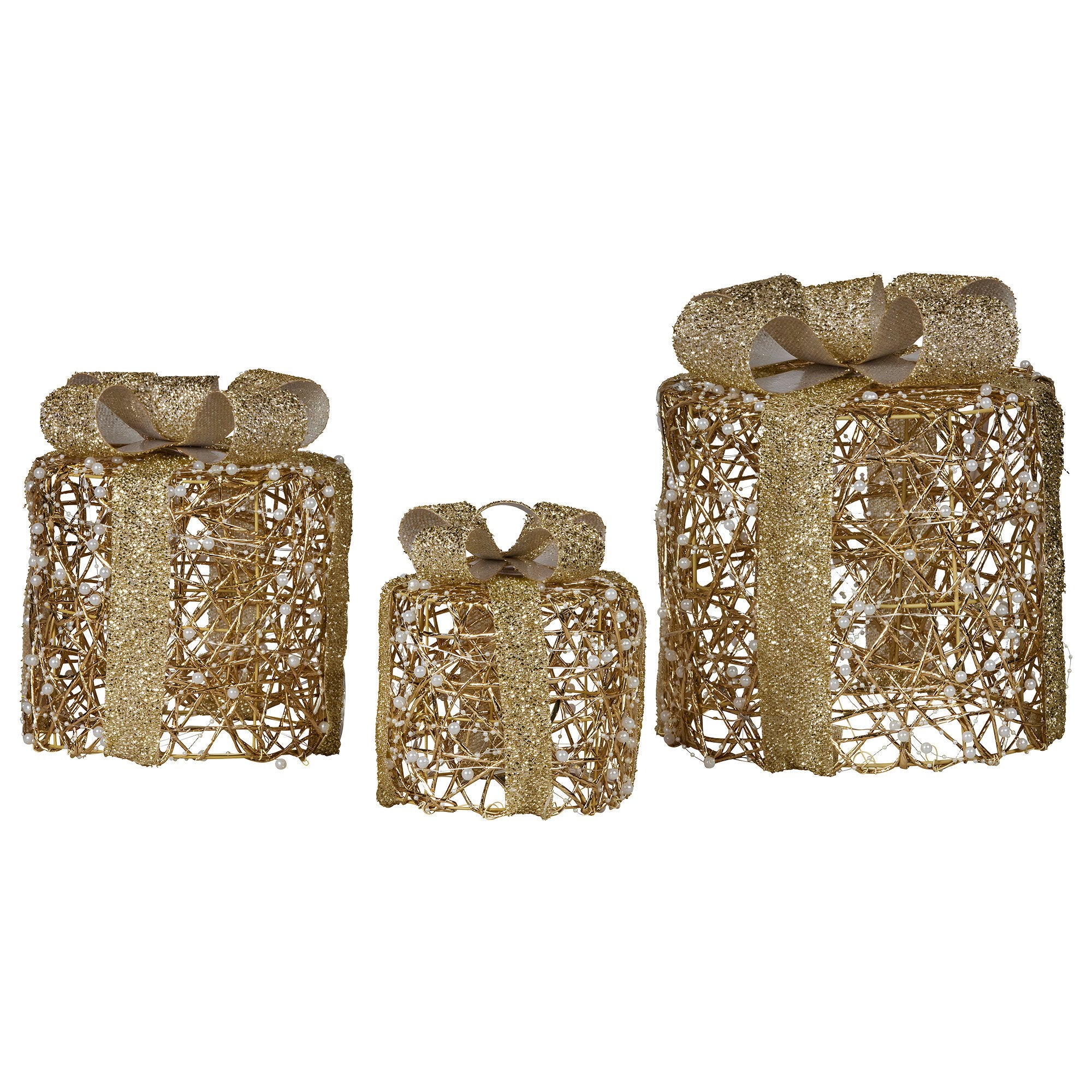 Set of 3 Cylindrical Christmas Gift Boxes – Gold LED Present Display