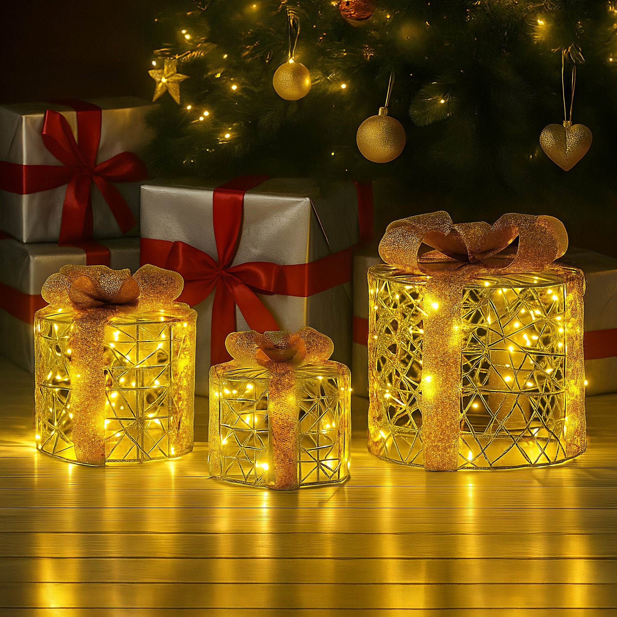 Set of 3 Cylindrical Christmas Gift Boxes – Gold LED Present Display