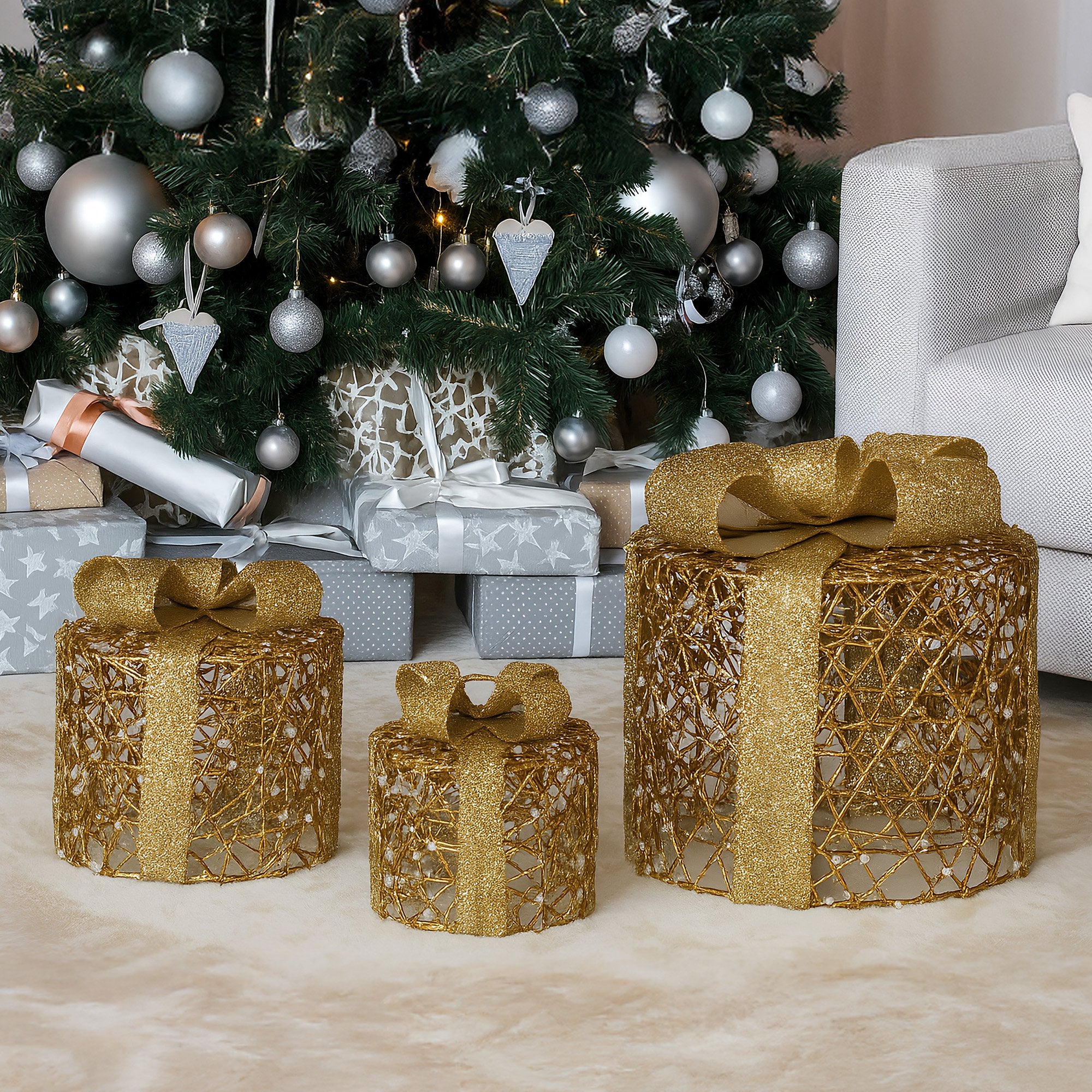 Set of 3 Cylindrical Christmas Gift Boxes – Gold LED Present Display