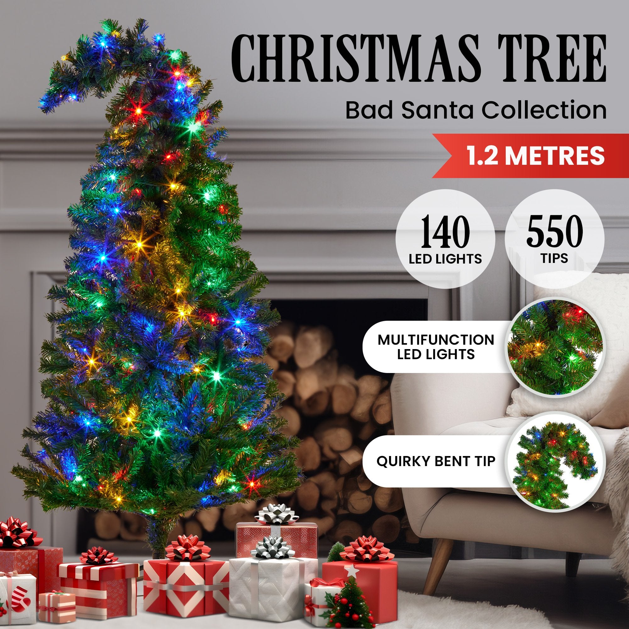4FT Bad Santa Curved Pre-Lit Christmas Tree – 140 Multicolour LEDs