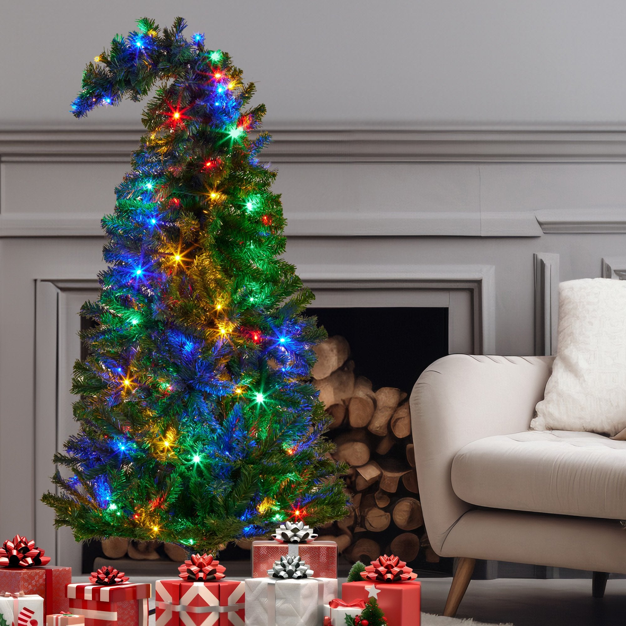 4FT Bad Santa Curved Pre-Lit Christmas Tree – 140 Multicolour LEDs