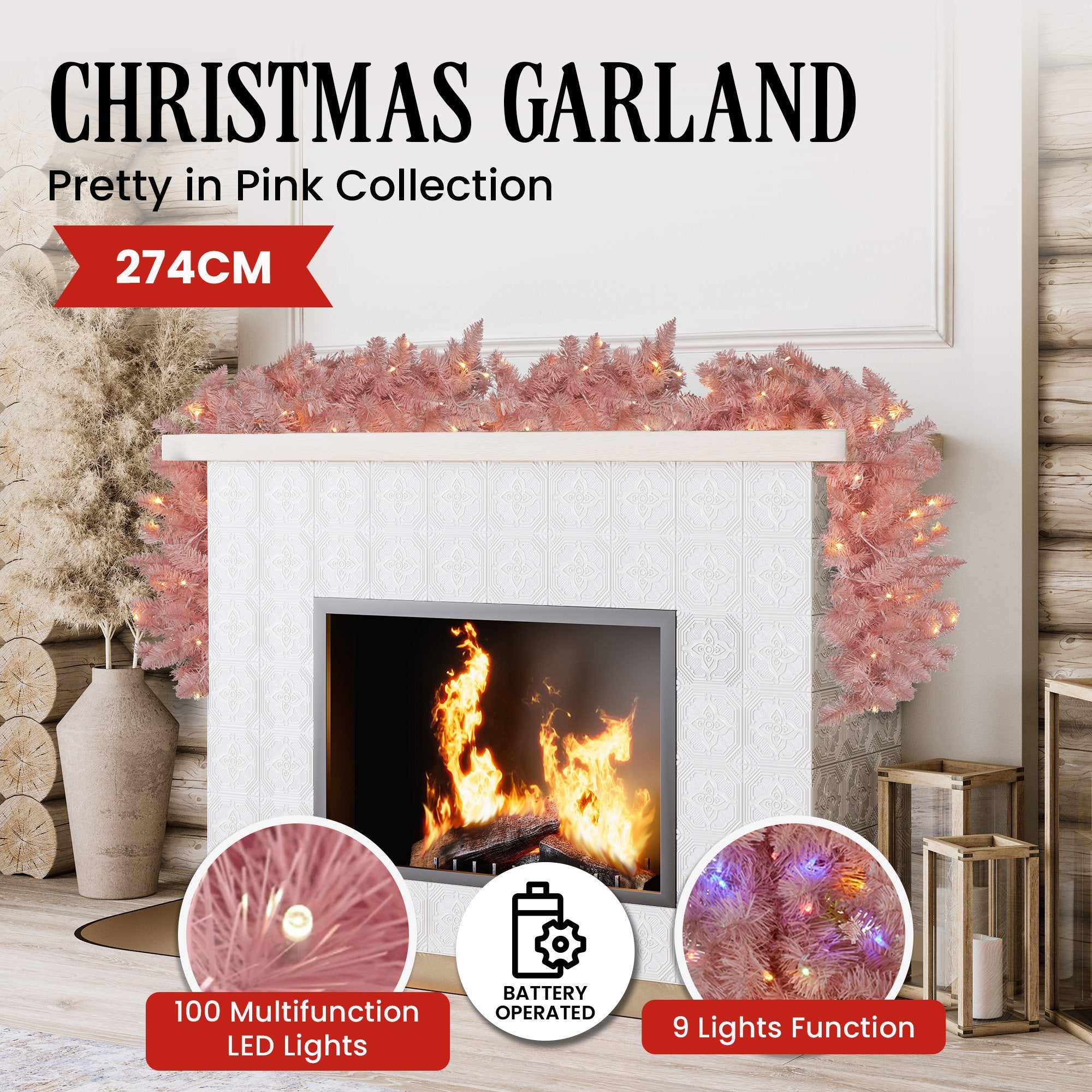 2.7M Pretty in Pink Christmas Garland with LED Lights