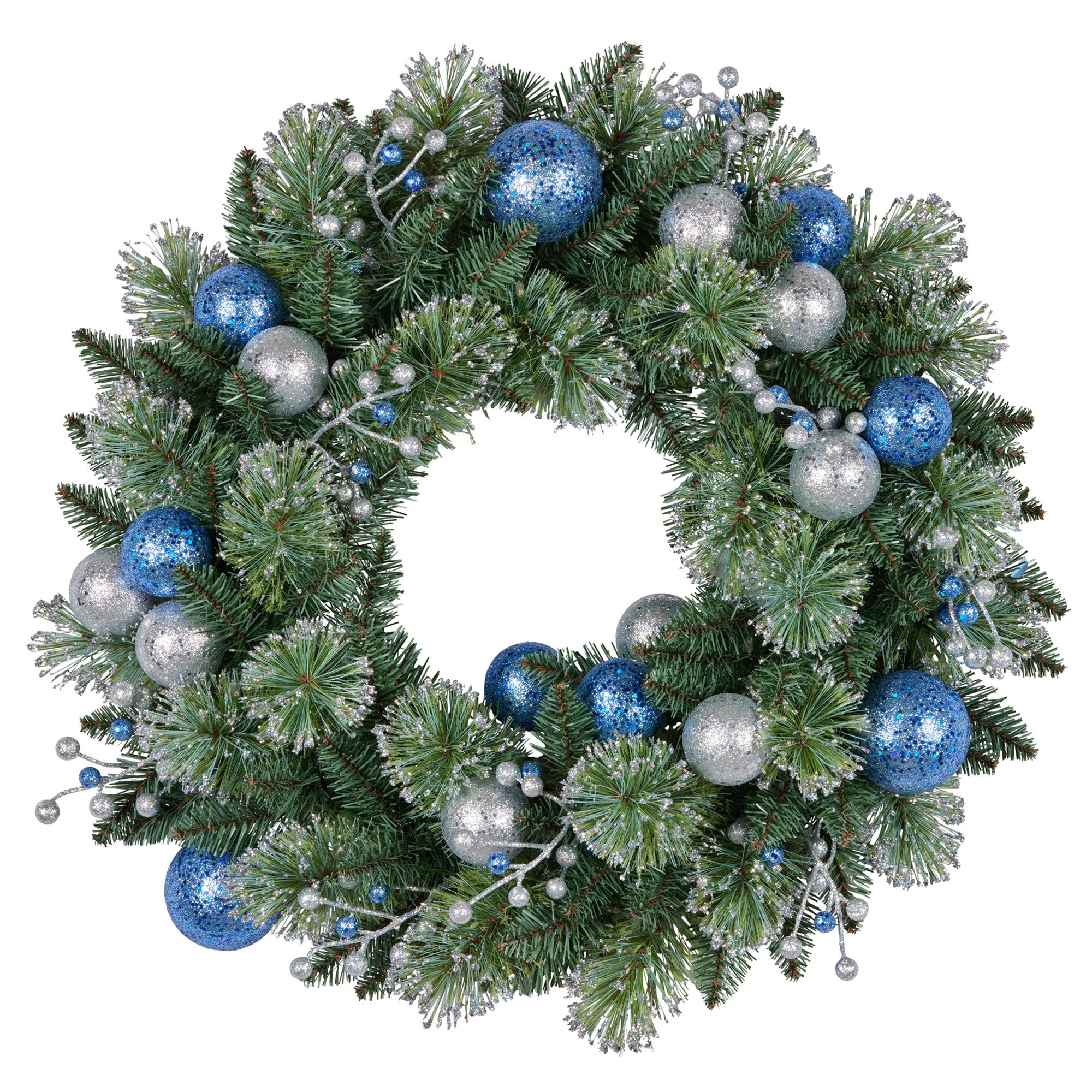 61CM Pre-Lit Blue & Silver Christmas Wreath – 50 LEDs