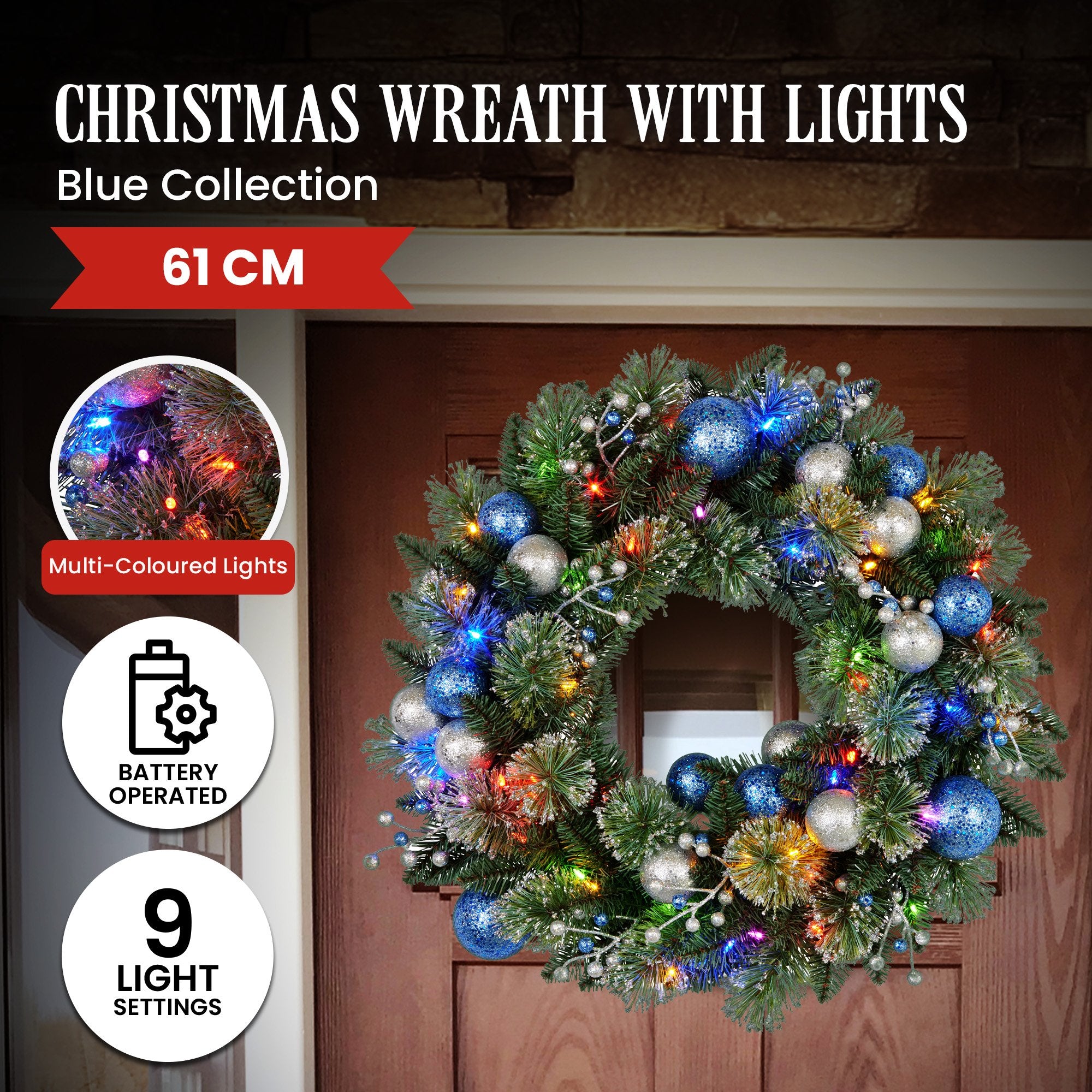 61CM Pre-Lit Blue & Silver Christmas Wreath – 50 LEDs