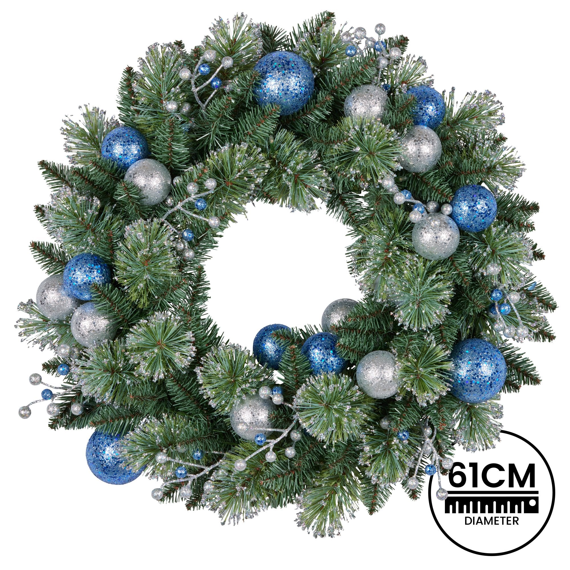 61CM Pre-Lit Blue & Silver Christmas Wreath – 50 LEDs