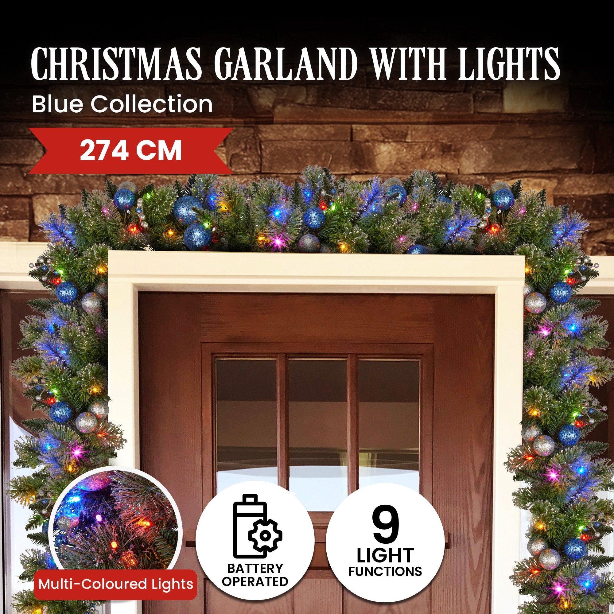 9FT Pre-Lit Blue & Silver Christmas Garland – 70 LEDs