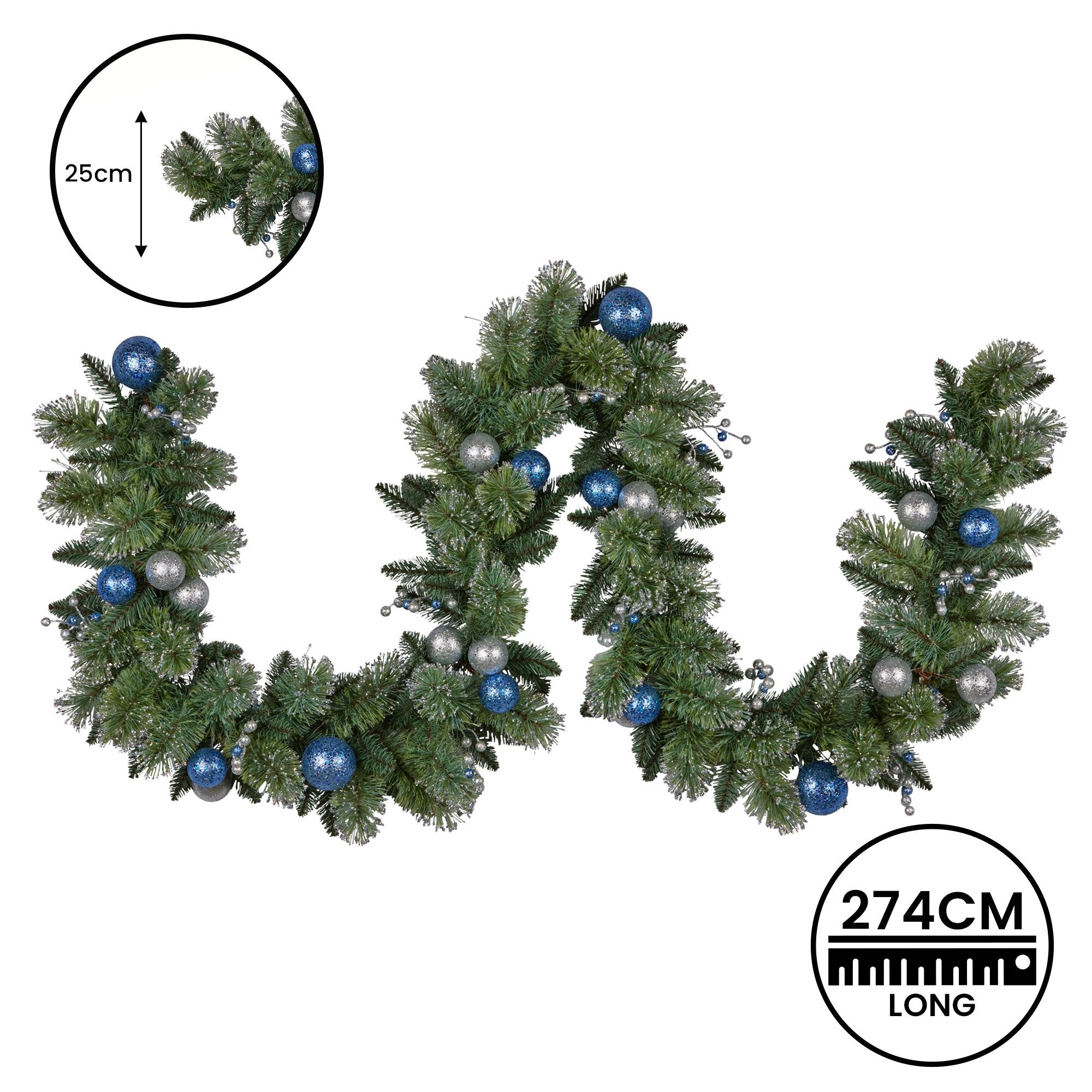 9FT Pre-Lit Blue & Silver Christmas Garland – 70 LEDs