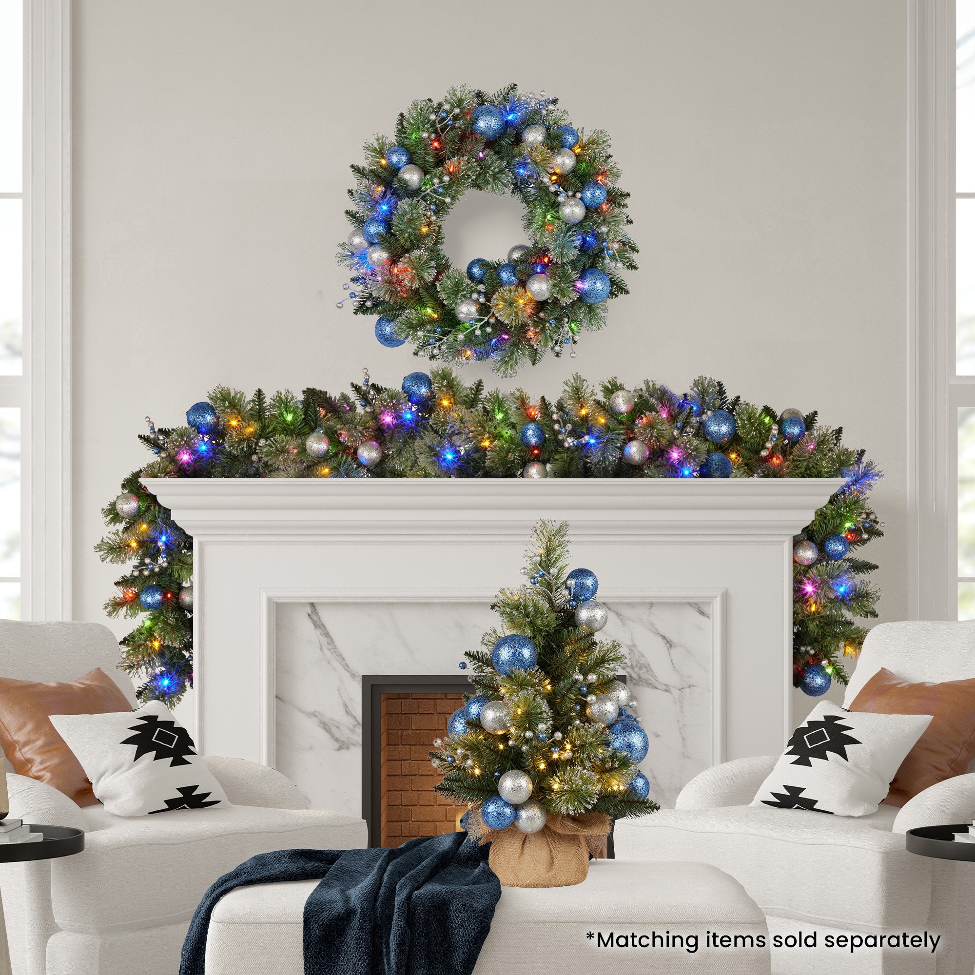 9FT Pre-Lit Blue & Silver Christmas Garland – 70 LEDs