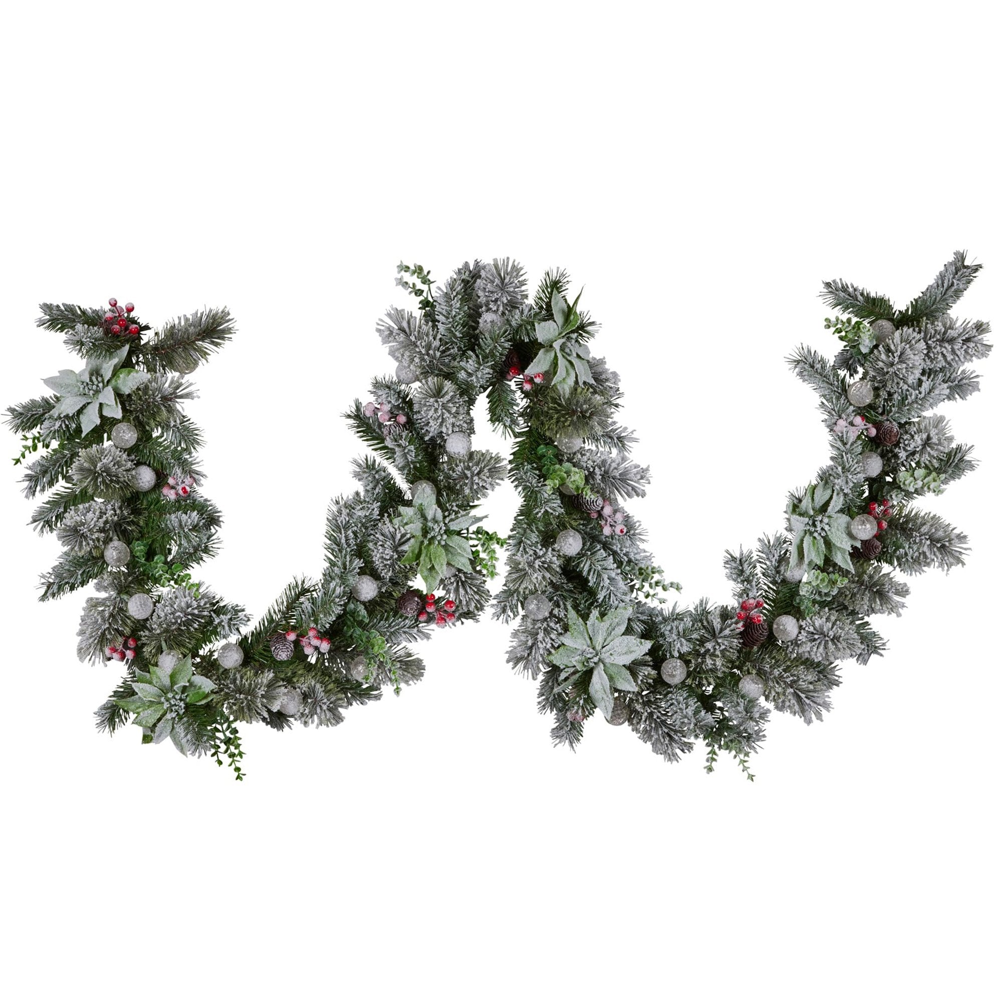 9FT Snowy Crown Pine LED Christmas Garland with Pinecones, Red Berries & Silver Baubles – 30 Snowball LEDs