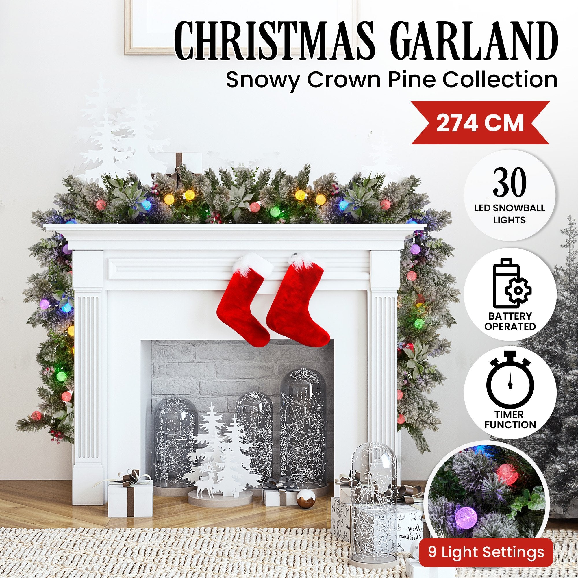 9FT Snowy Crown Pine LED Christmas Garland with Pinecones, Red Berries & Silver Baubles – 30 Snowball LEDs