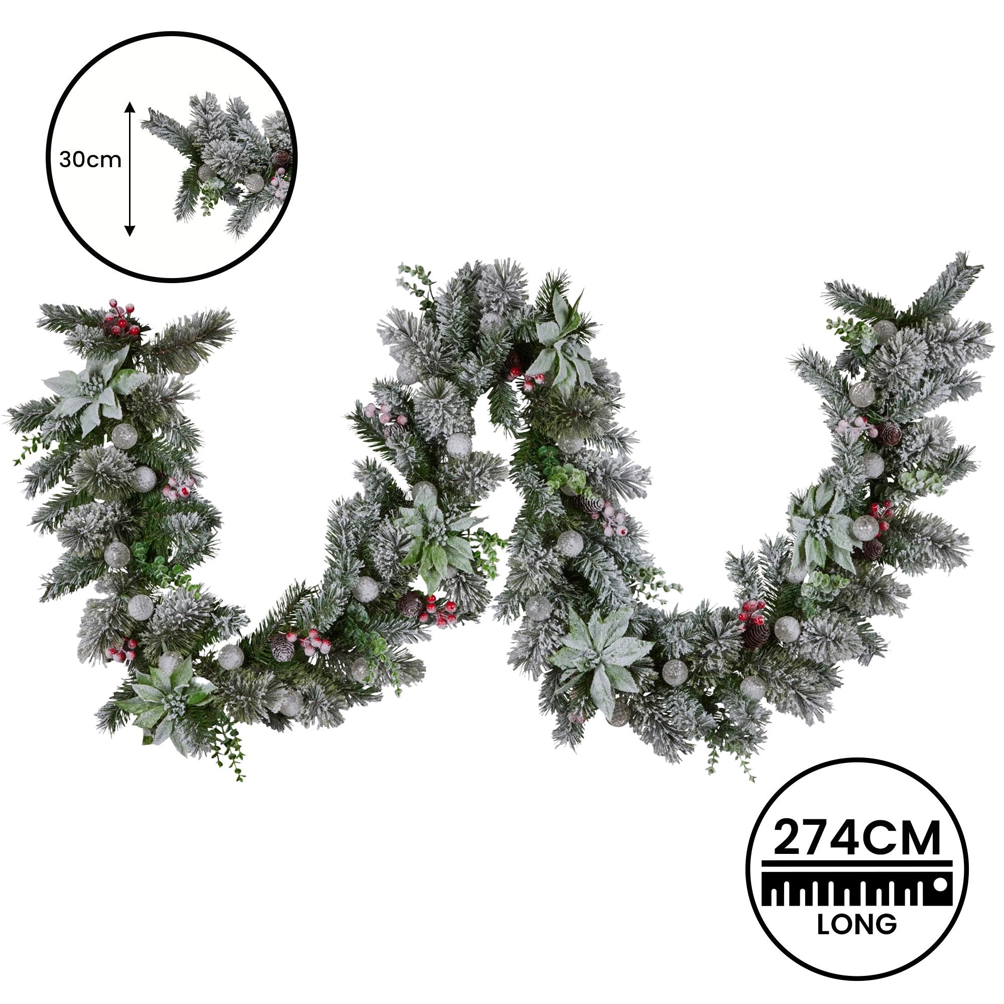 9FT Snowy Crown Pine LED Christmas Garland with Pinecones, Red Berries & Silver Baubles – 30 Snowball LEDs