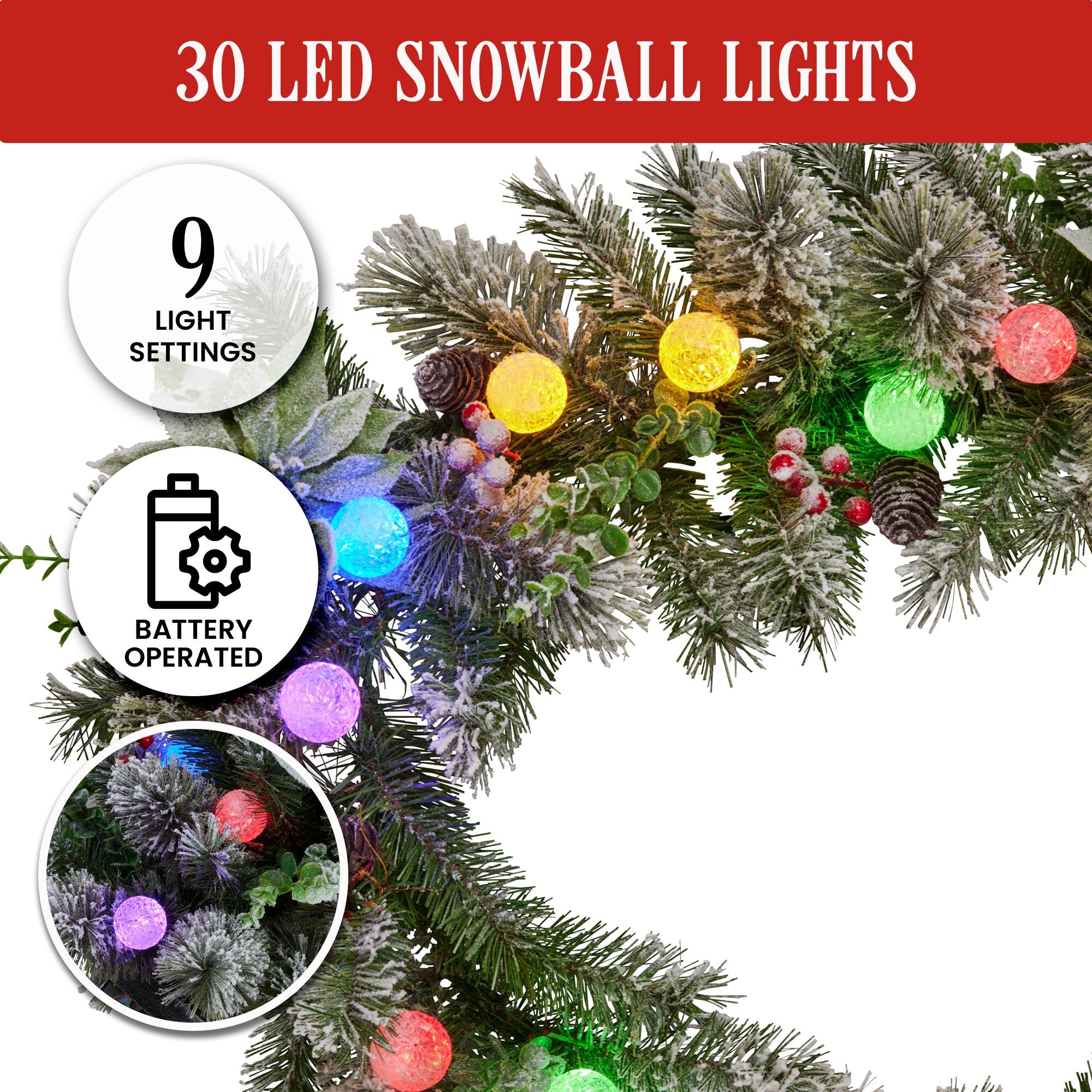 9FT Snowy Crown Pine LED Christmas Garland with Pinecones, Red Berries & Silver Baubles – 30 Snowball LEDs