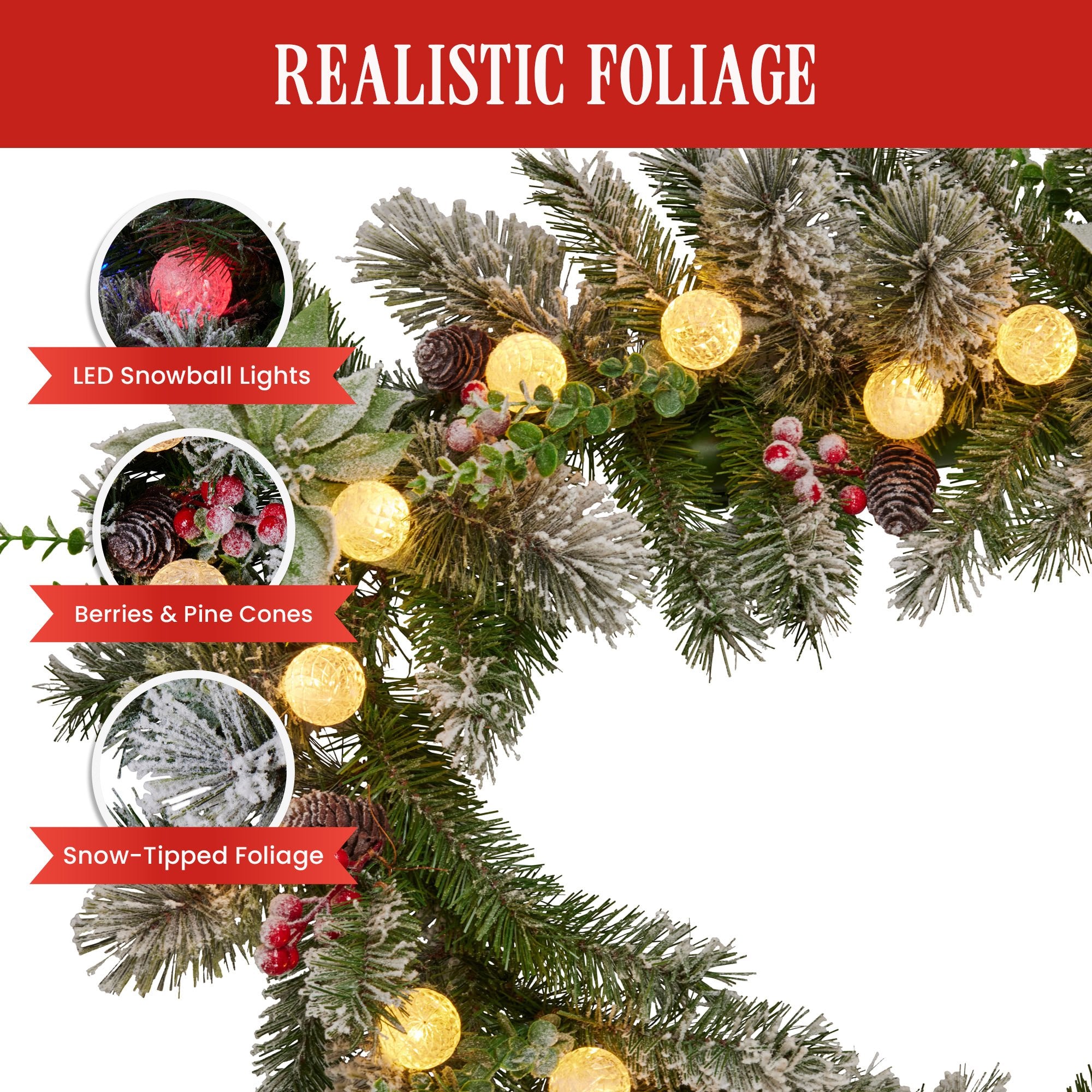9FT Snowy Crown Pine LED Christmas Garland with Pinecones, Red Berries & Silver Baubles – 30 Snowball LEDs