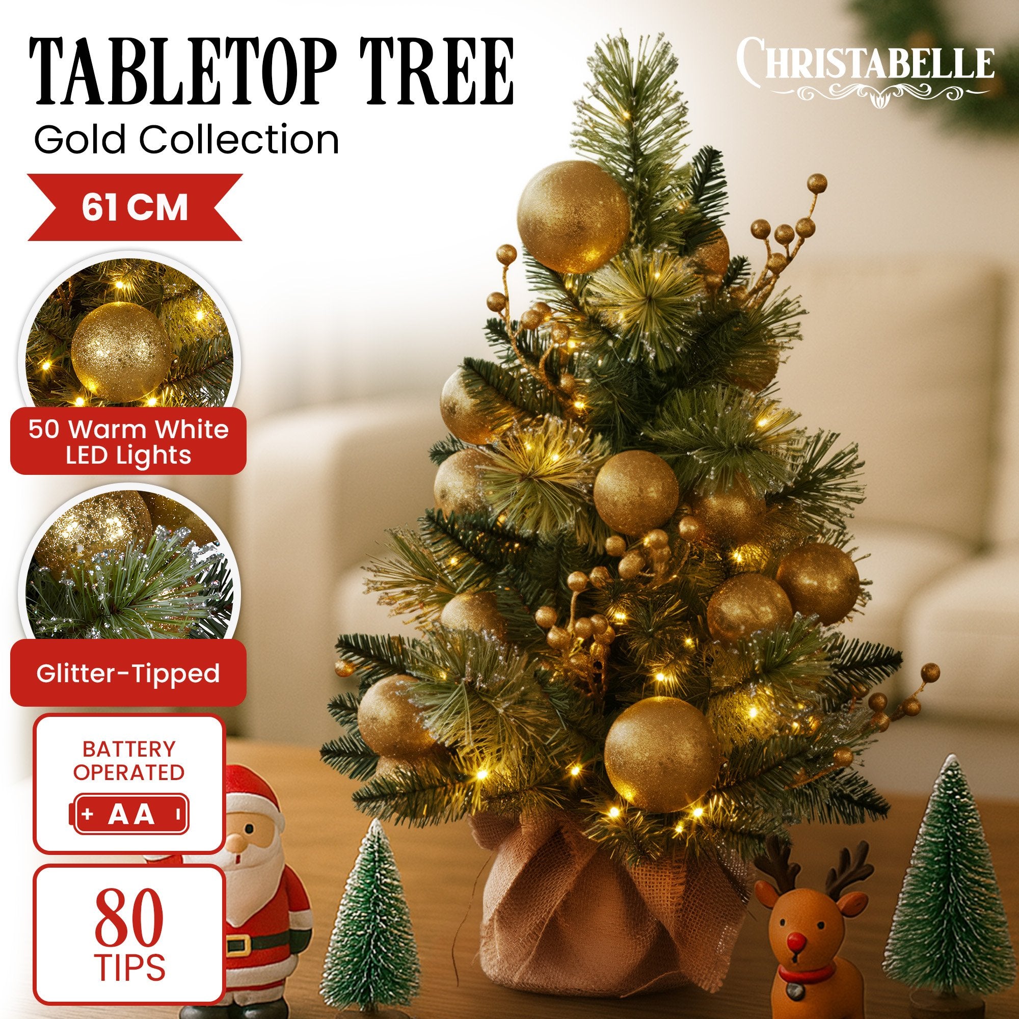 61CM Battery-Operated Christmas Tabletop Tree – Warm White LED Lights