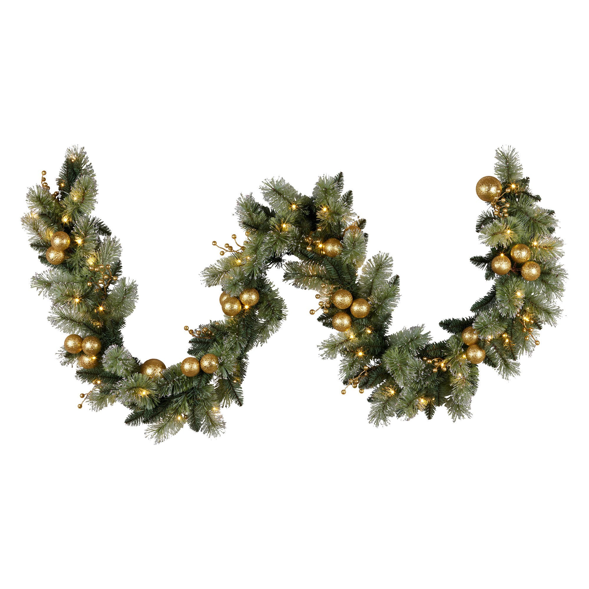2.7M Pre-Lit Christmas Garland – Gold Baubles & Warm White LED Lights