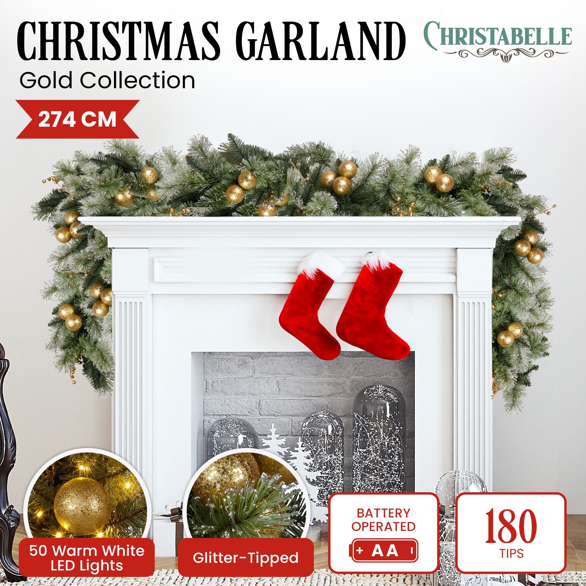 2.7M Pre-Lit Christmas Garland – Gold Baubles & Warm White LED Lights