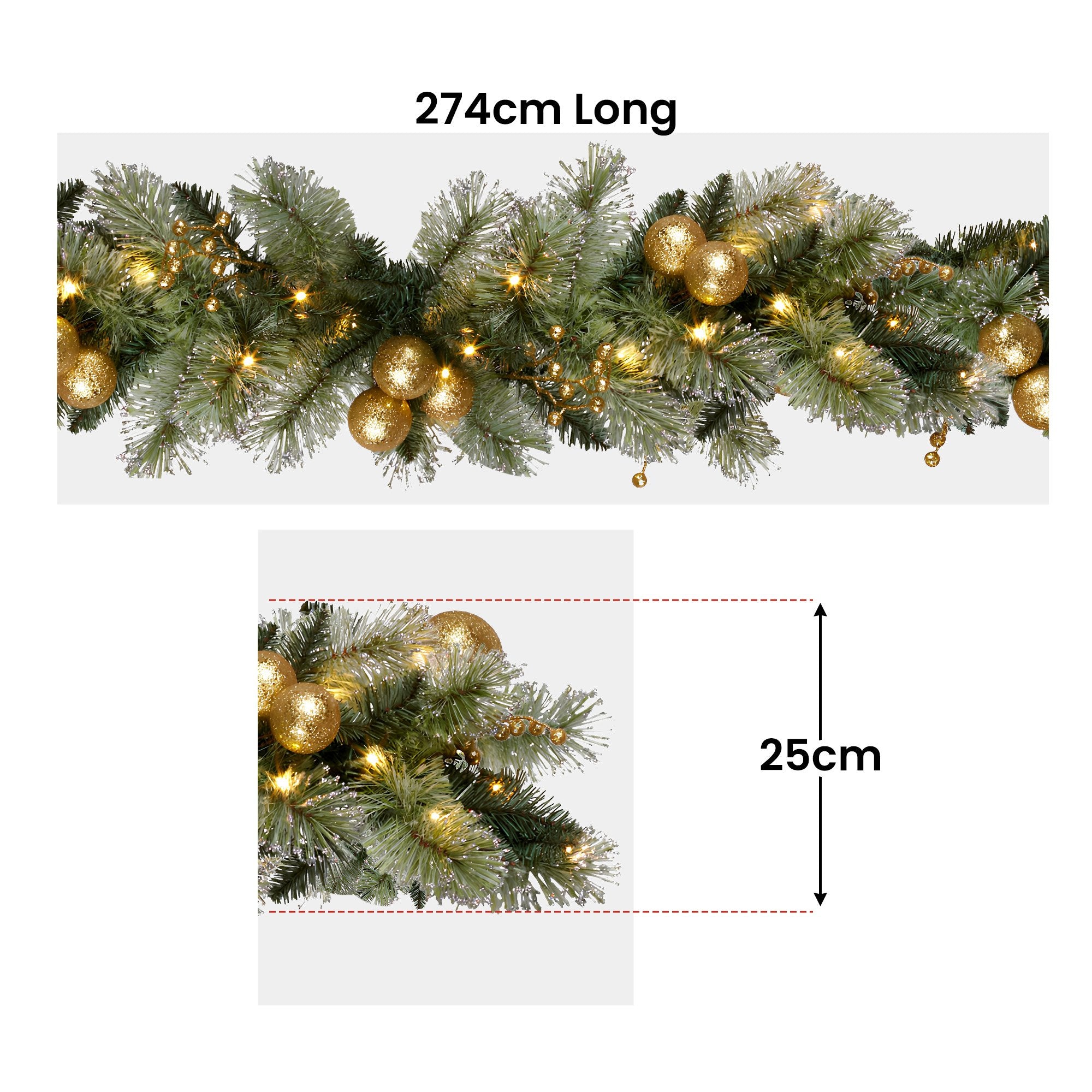 2.7M Pre-Lit Christmas Garland – Gold Baubles & Warm White LED Lights