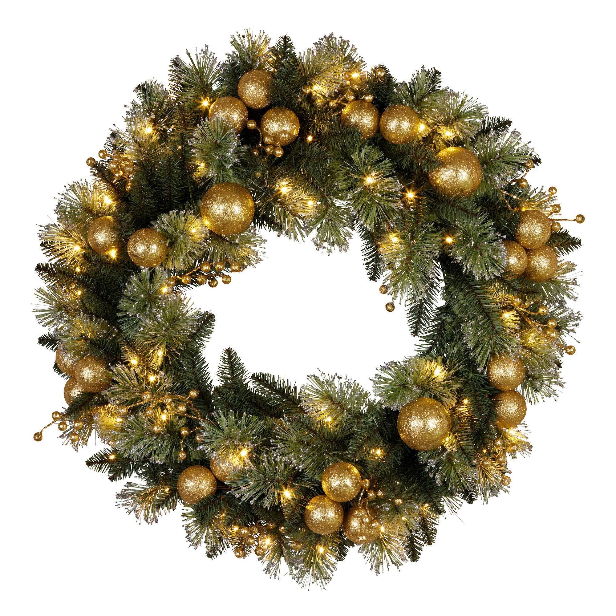 61CM Christmas Wreath – Battery-Operated Warm White LED Lights, Gold Baubles