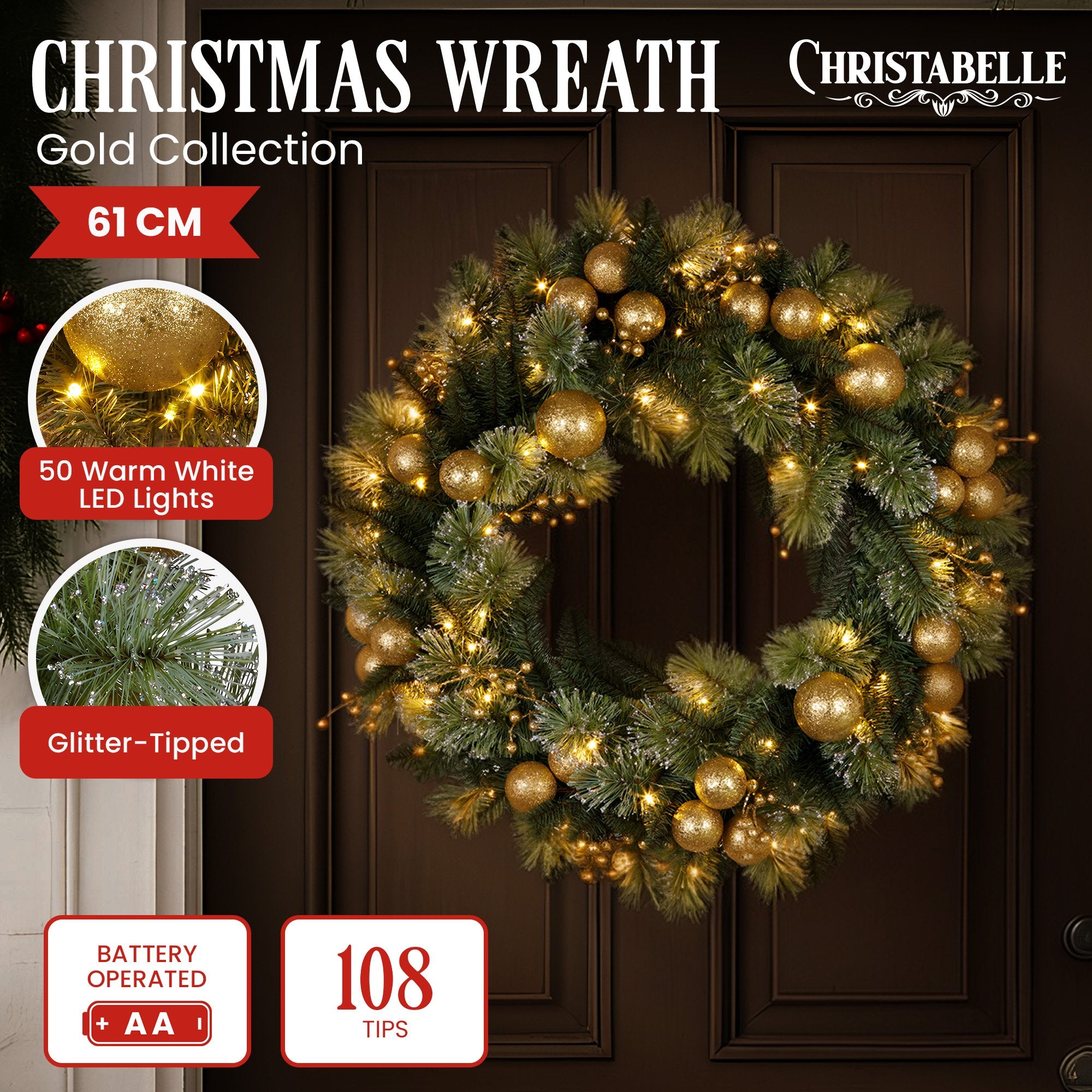 61CM Christmas Wreath – Battery-Operated Warm White LED Lights, Gold Baubles