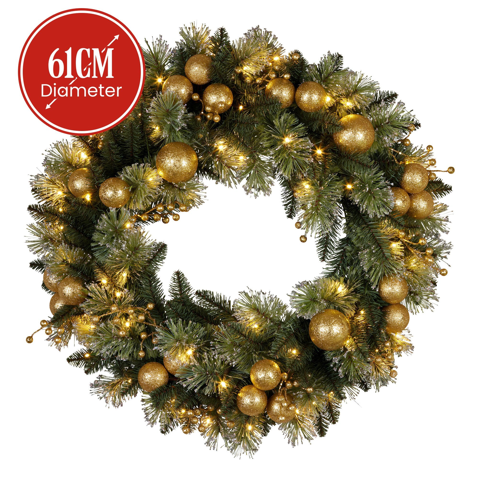 61CM Christmas Wreath – Battery-Operated Warm White LED Lights, Gold Baubles