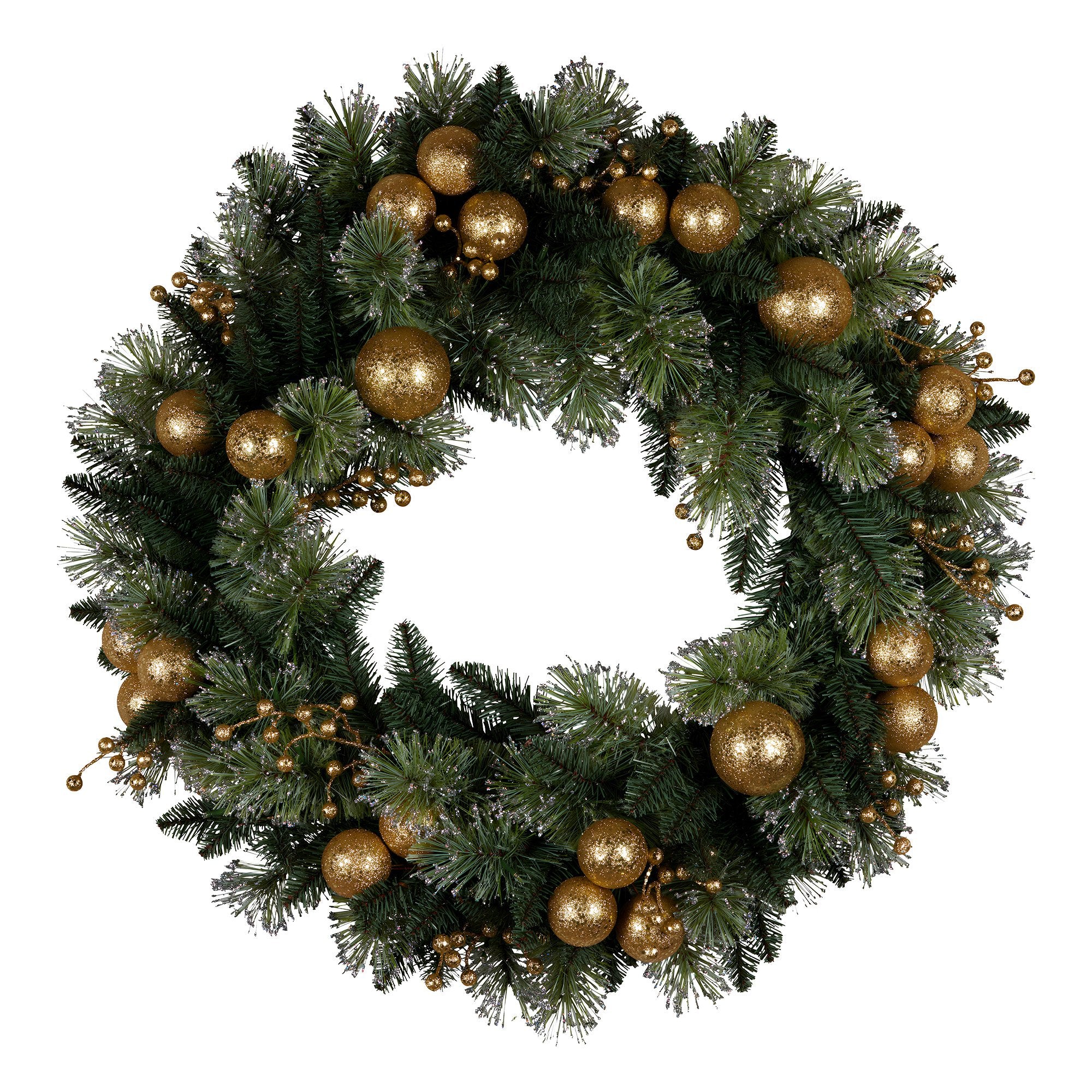 61CM Christmas Wreath – Battery-Operated Warm White LED Lights, Gold Baubles
