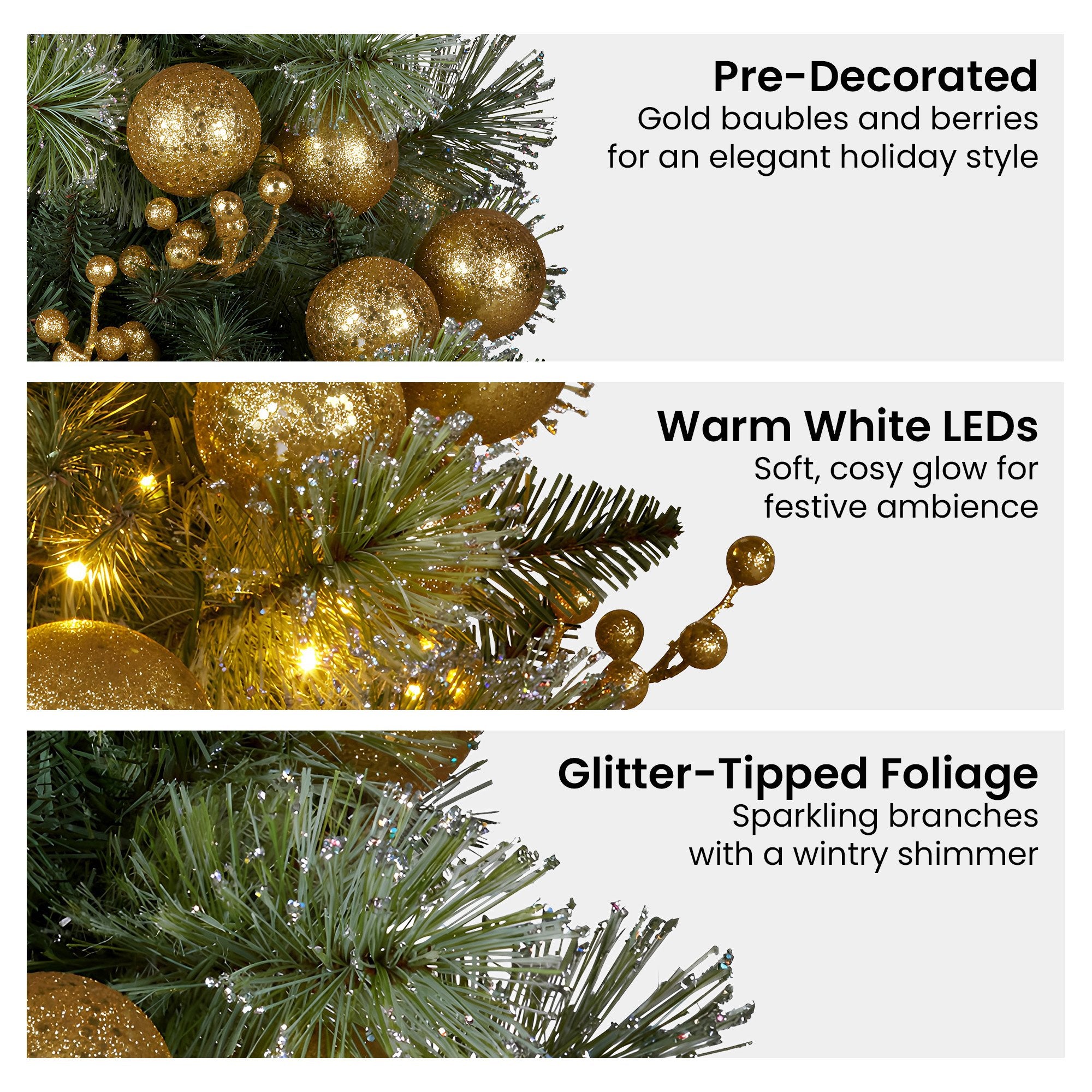61CM Christmas Wreath – Battery-Operated Warm White LED Lights, Gold Baubles