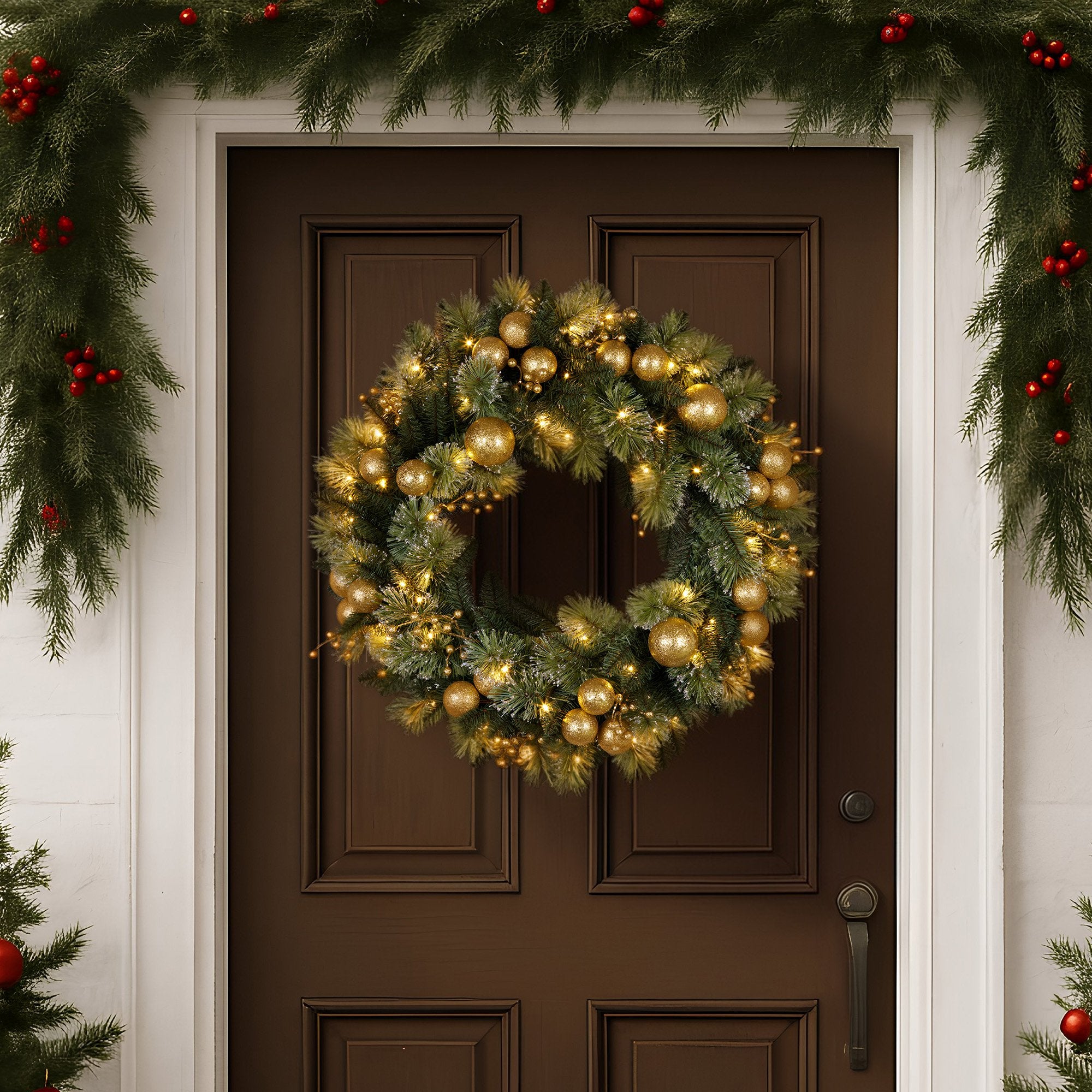 61CM Christmas Wreath – Battery-Operated Warm White LED Lights, Gold Baubles