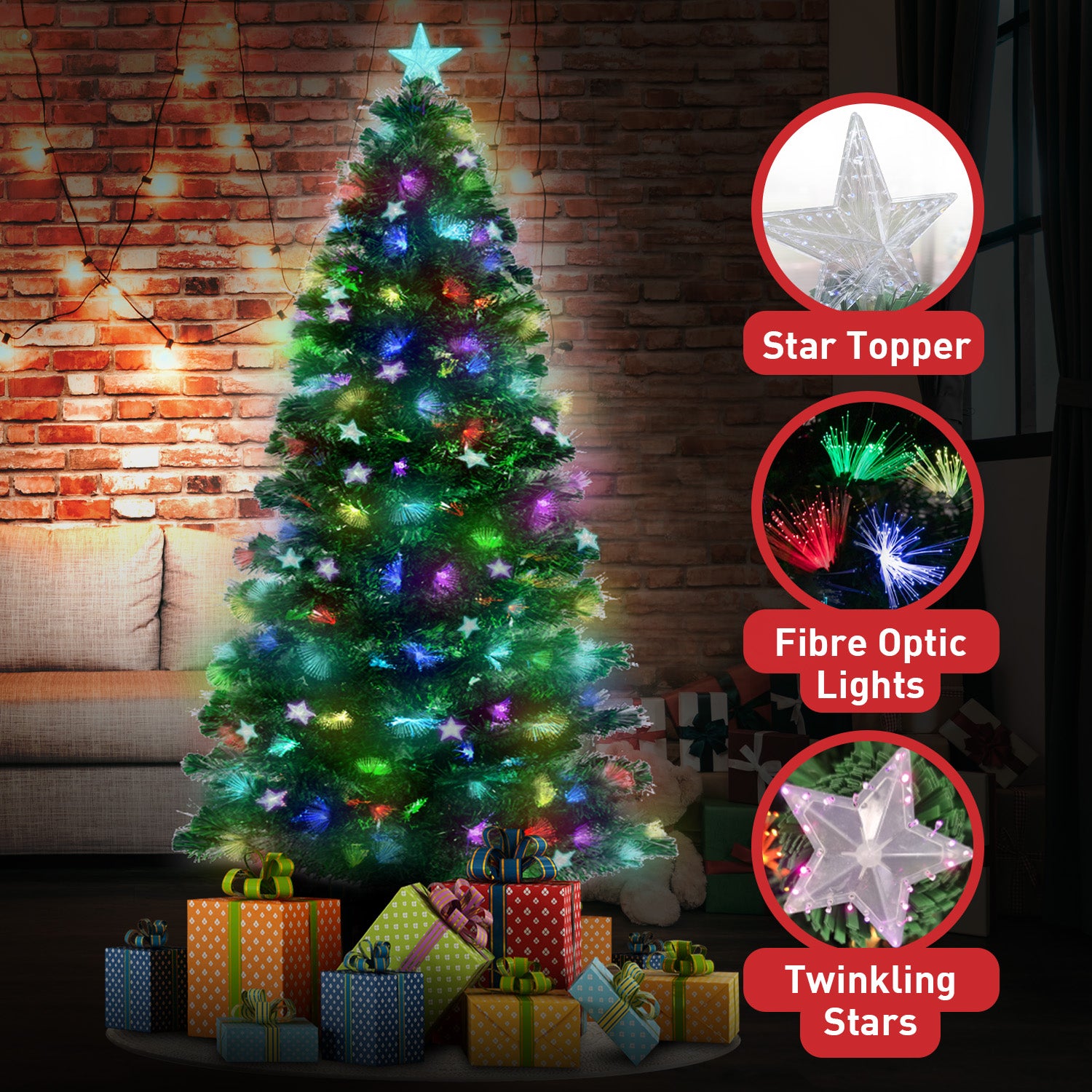 6FT Enchanted Fibre Optic Christmas Tree – Pre-Lit with Star Ornaments & Topper