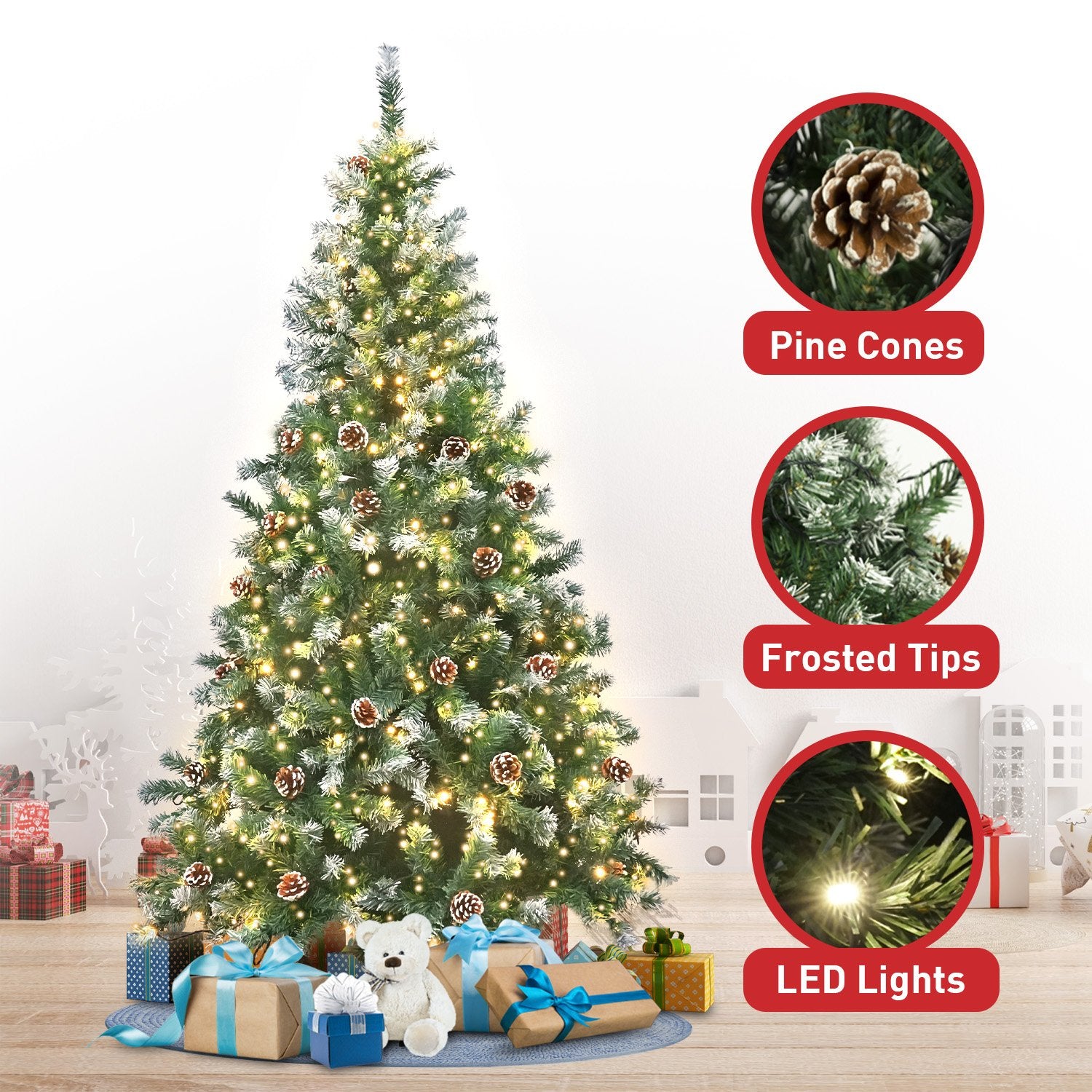 9FT Pre-Lit LED Christmas Tree with Pine Cones – 2030 Tips, 750 LEDs