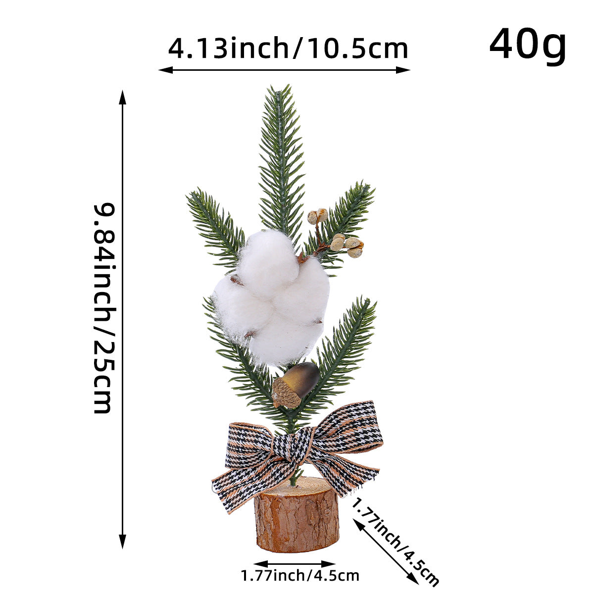 Mini Rustic Christmas Tree Decoration – Cotton, Acorn & Plaid Bow Ornament 🎀