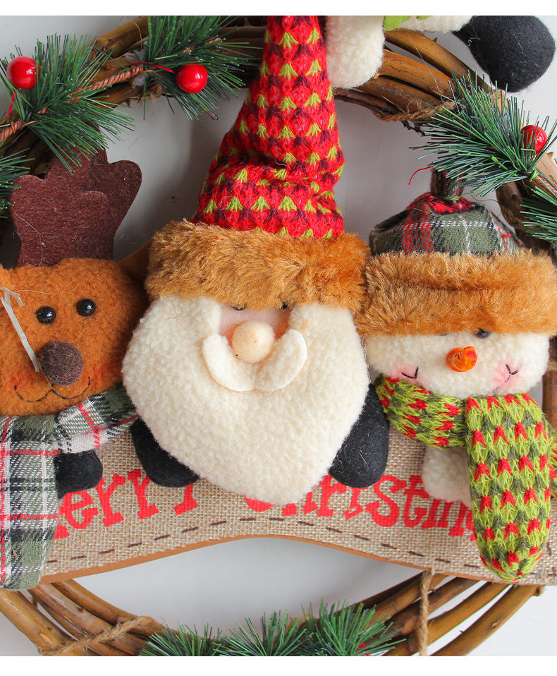 Rustic Christmas Wreath – Plush Santa, Reindeer & Snowman with Evergreen Accents 🌿
