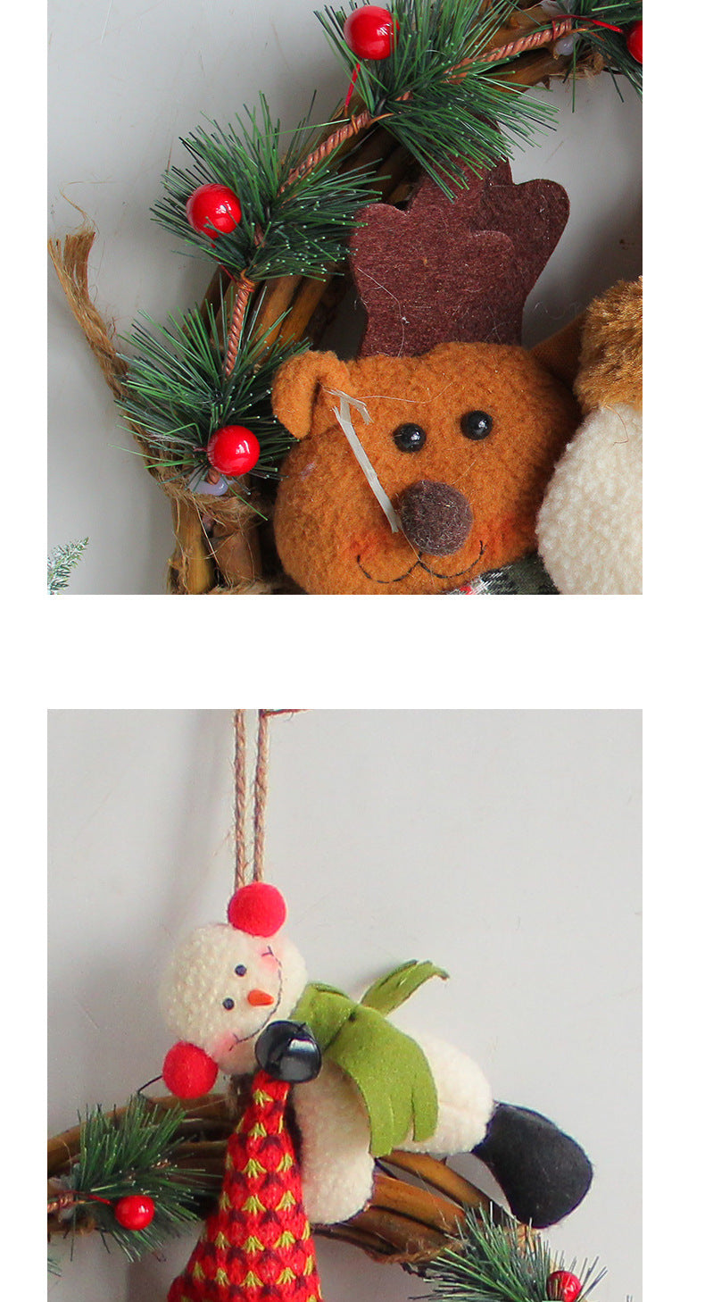 Rustic Christmas Wreath – Plush Santa, Reindeer & Snowman with Evergreen Accents 🌿