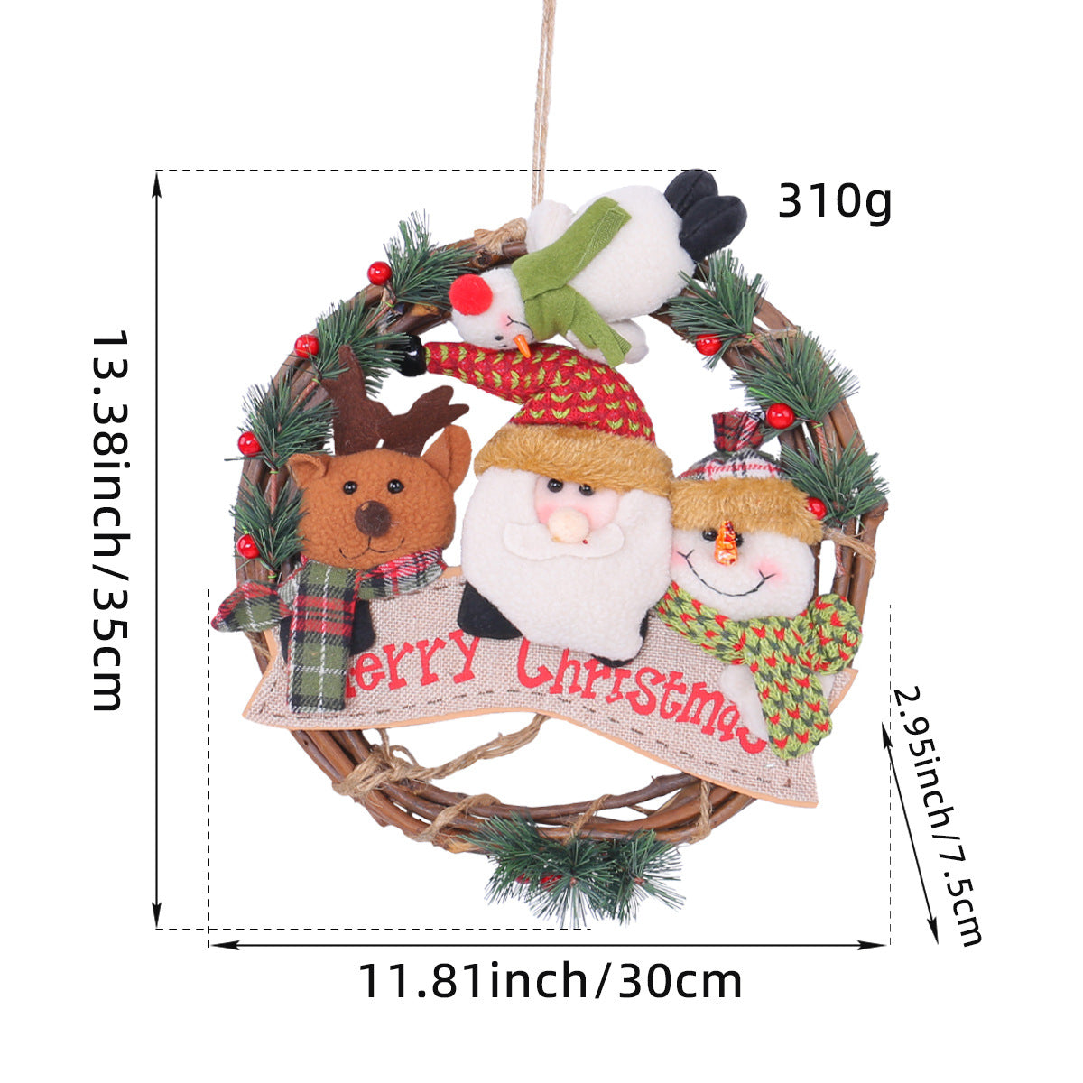 Rustic Christmas Wreath – Plush Santa, Reindeer & Snowman with Evergreen Accents 🌿