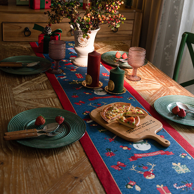 Charming Blue Christmas Table Runner with Festive Woven Print & Tassels 🧵