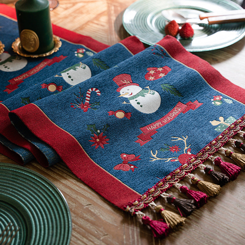 Charming Blue Christmas Table Runner with Festive Woven Print & Tassels 🧵
