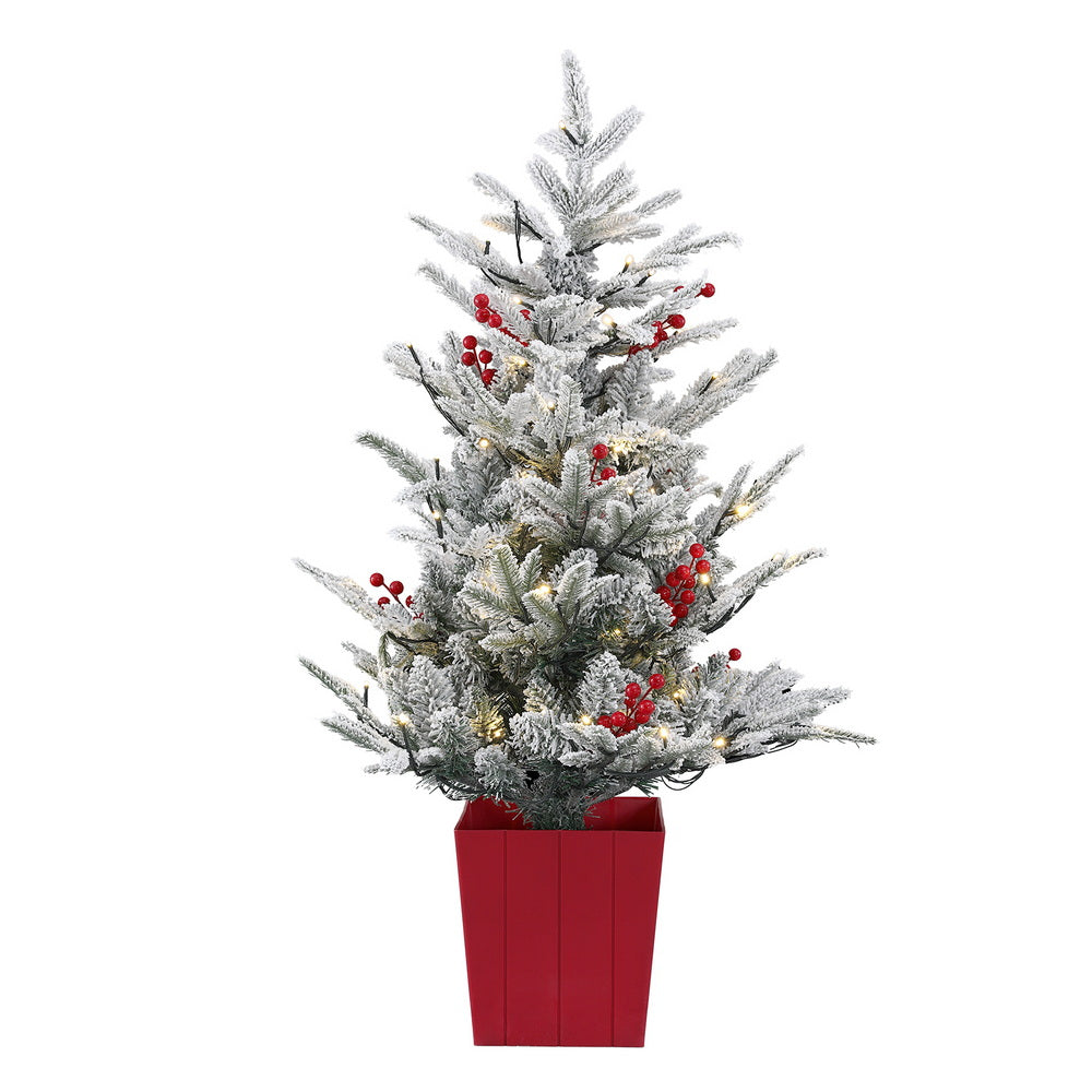 3.3FT LED Potted Christmas Tree – Flocked with Red Berries