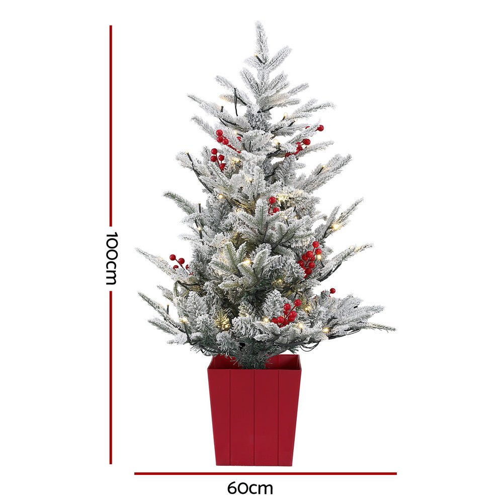 3.3FT LED Potted Christmas Tree – Flocked with Red Berries