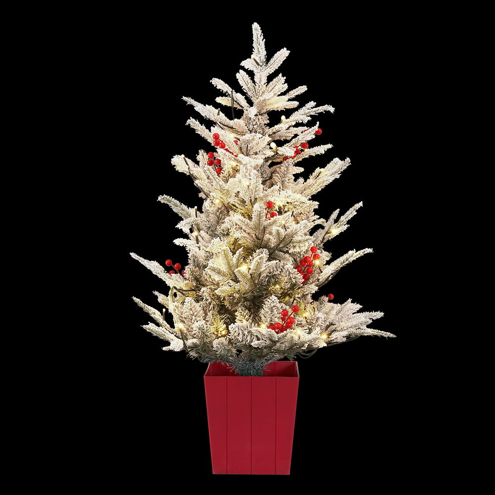 3.3FT LED Potted Christmas Tree – Flocked with Red Berries