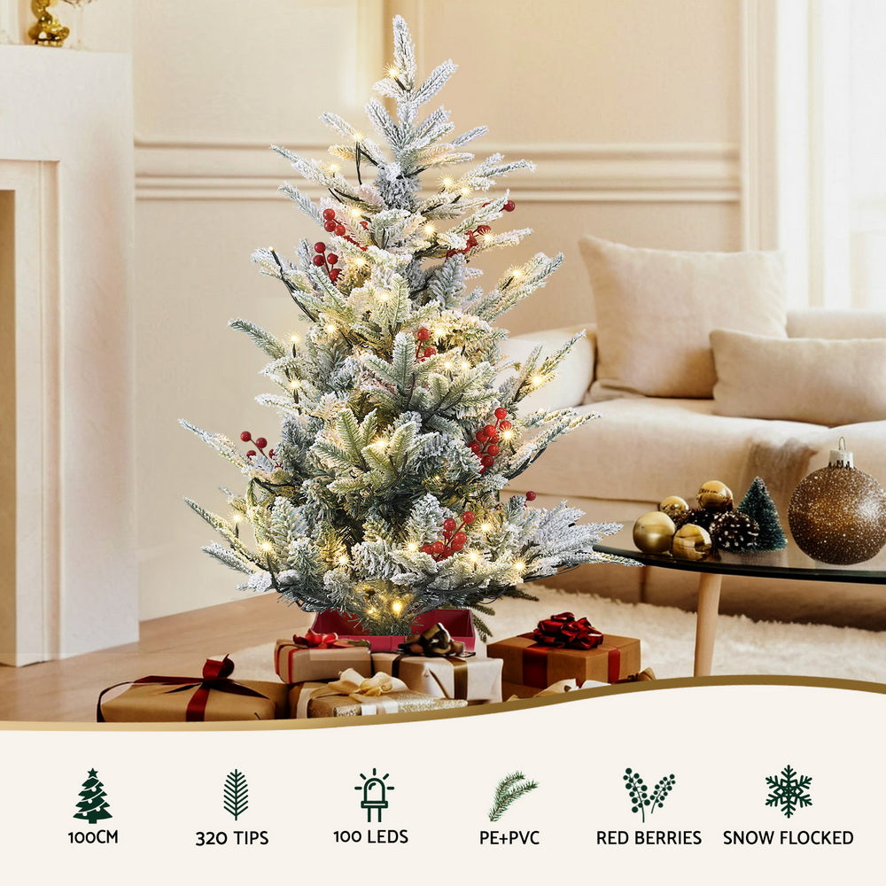 3.3FT LED Potted Christmas Tree – Flocked with Red Berries