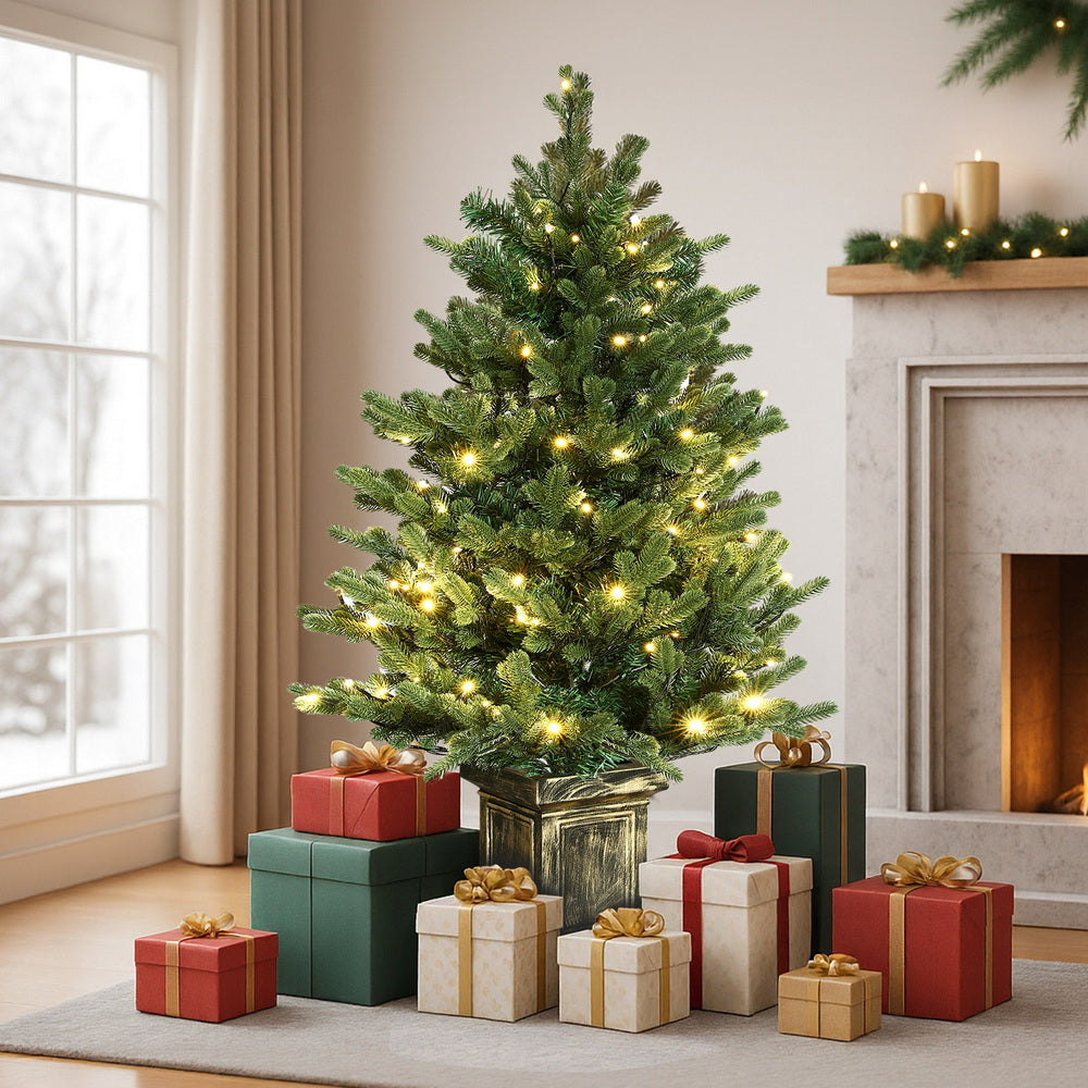 4FT Pre-Lit Potted Christmas Tree with Warm White LEDs