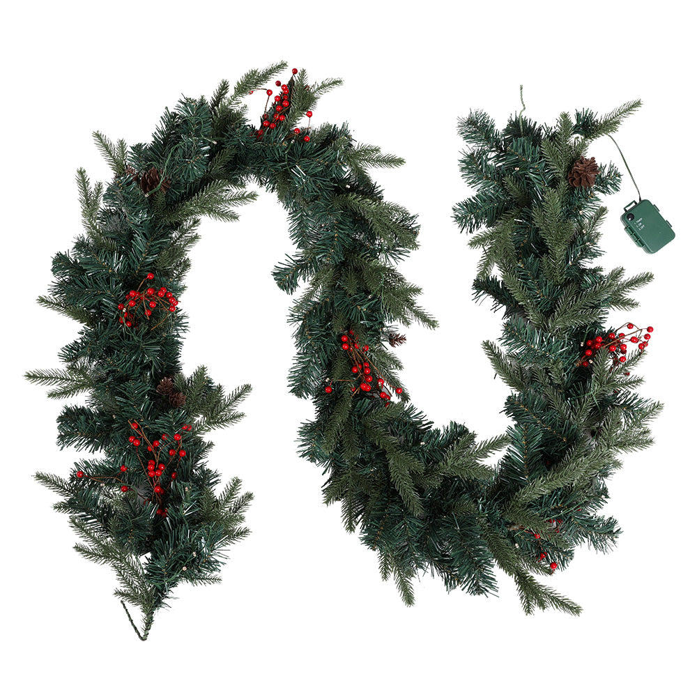 2.4M Pre-lit Christmas Garland with Red Berries & Pine Cones
