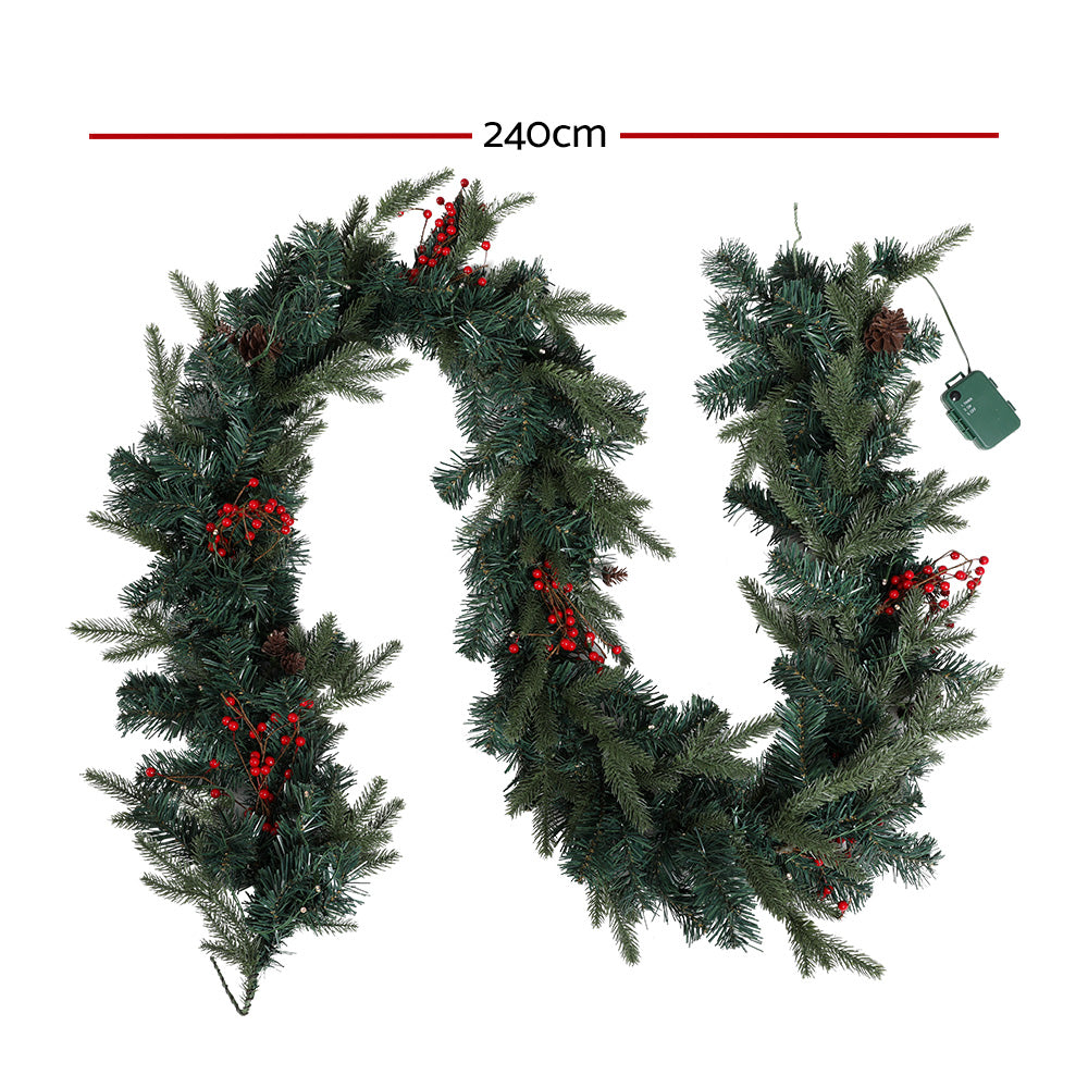 2.4M Pre-lit Christmas Garland with Red Berries & Pine Cones