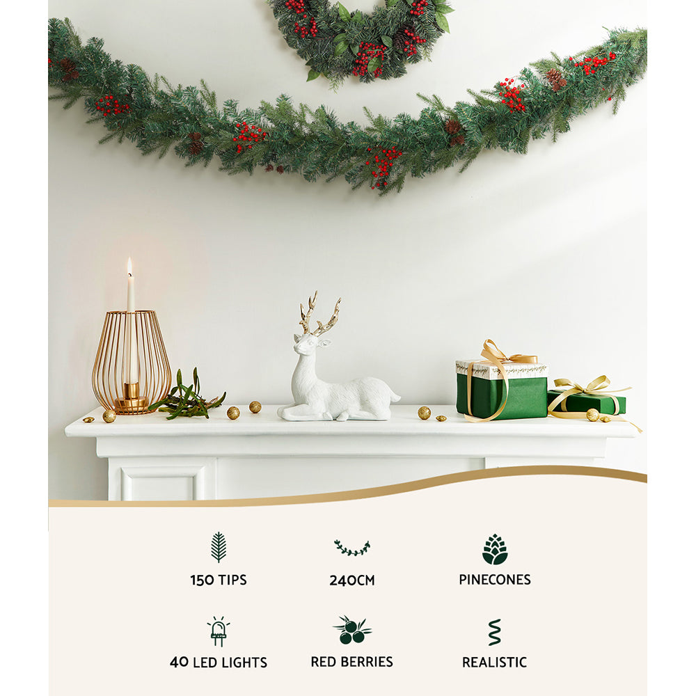 2.4M Pre-lit Christmas Garland with Red Berries & Pine Cones