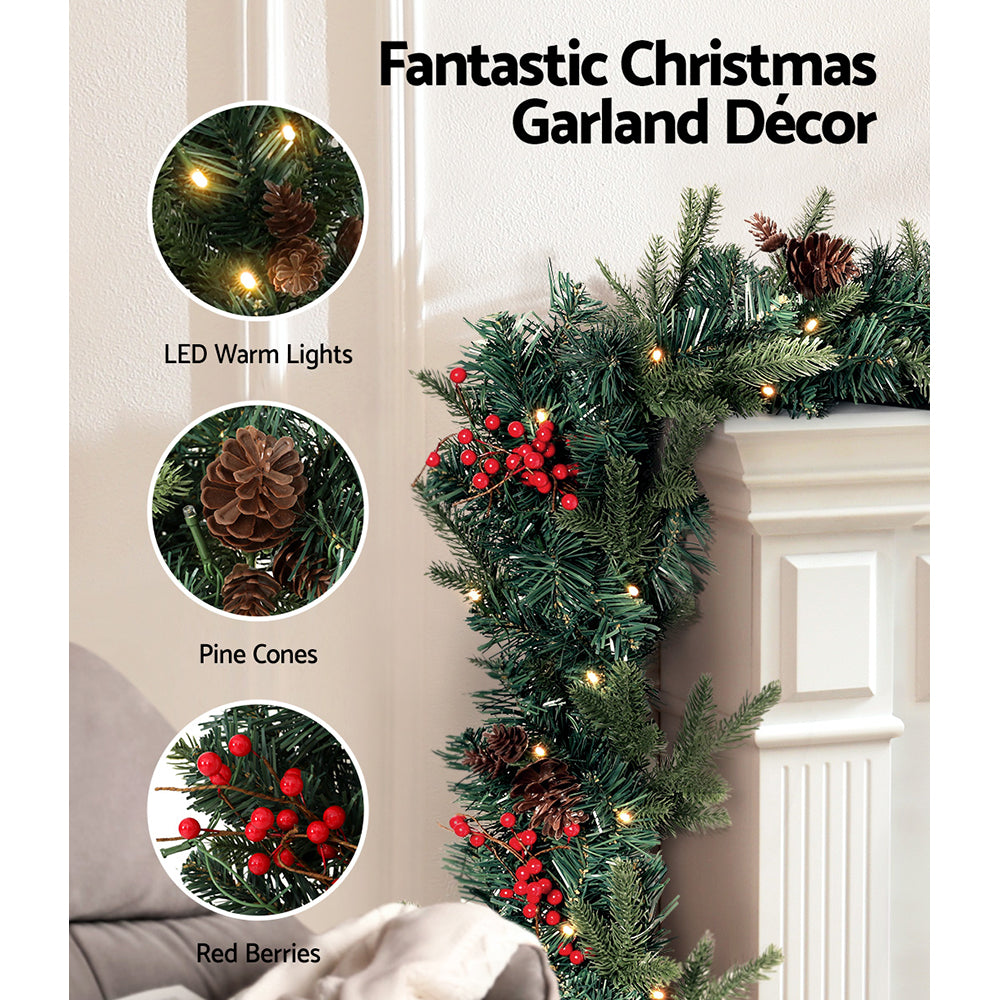 2.4M Pre-lit Christmas Garland with Red Berries & Pine Cones