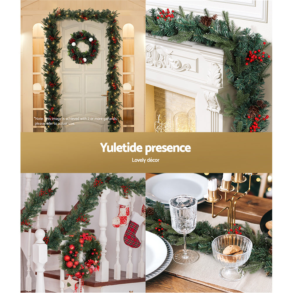 2.4M Pre-lit Christmas Garland with Red Berries & Pine Cones