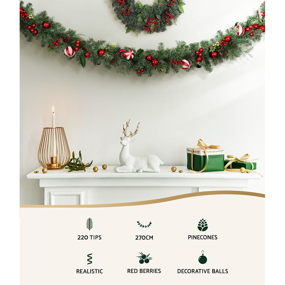 2.7M Christmas Garland with Red Berries, Pine Cones & Baubles