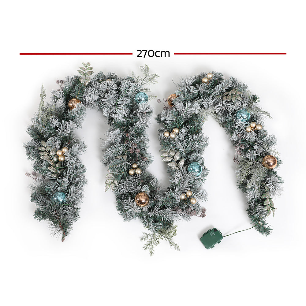 2.7M Pre-lit Snow-Frosted Christmas Garland with Pinecones & Baubles