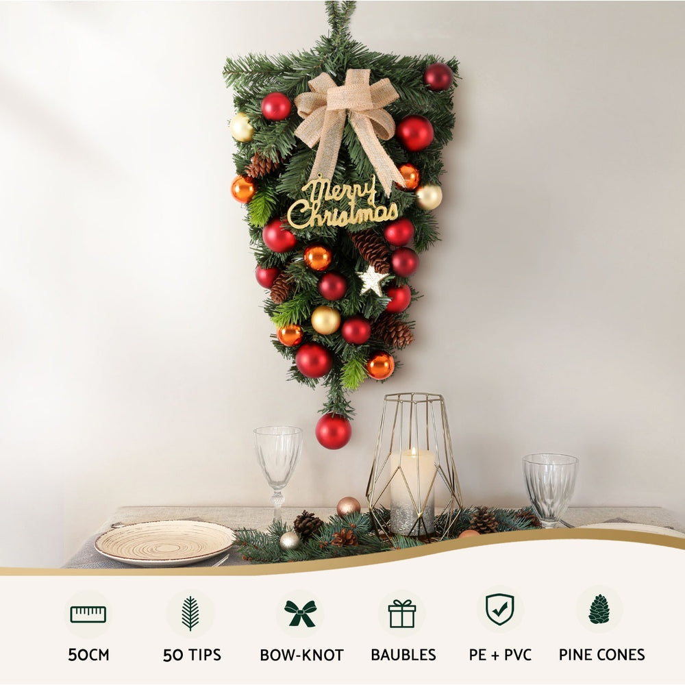 50cm Christmas Wreath with Pinecone, Bowtie & Baubles – Festive Wall Decoration