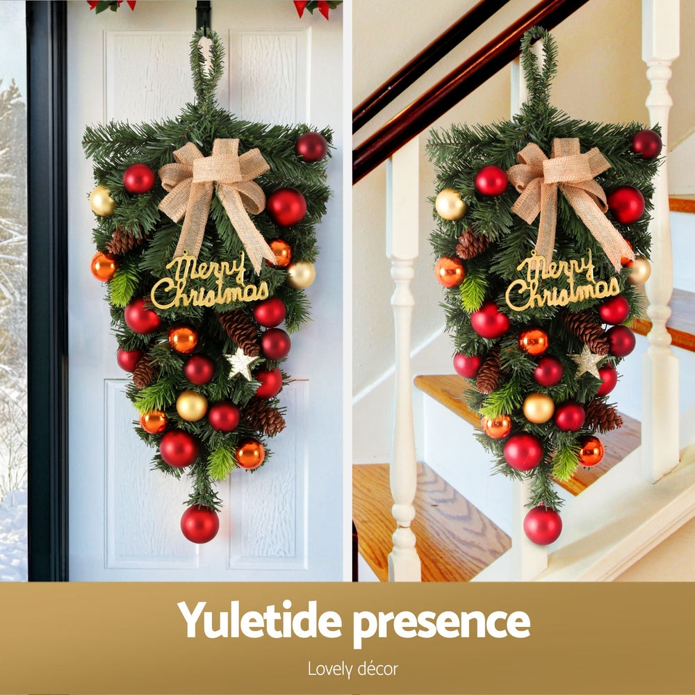 50cm Christmas Wreath with Pinecone, Bowtie & Baubles – Festive Wall Decoration