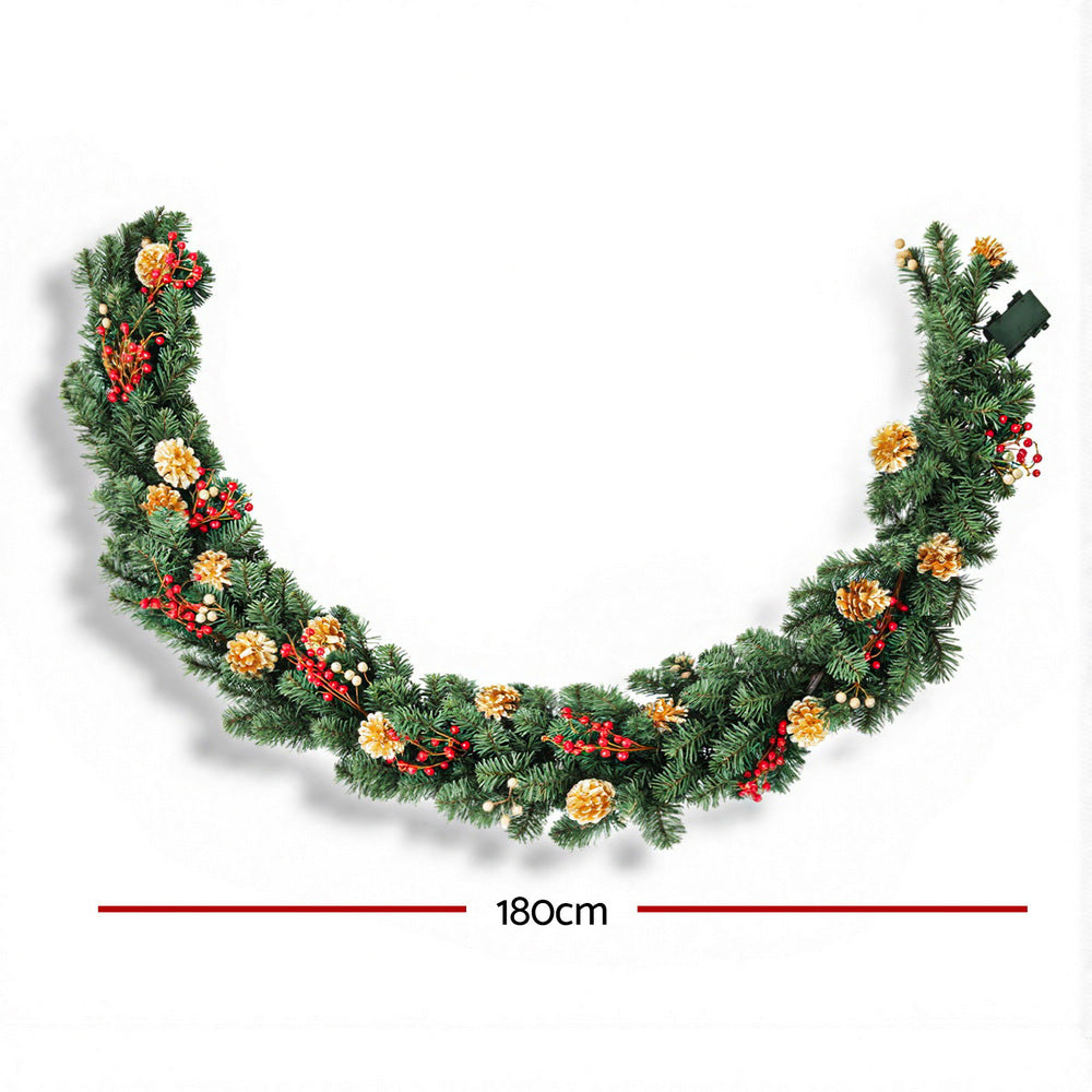 1.8M Pre-Lit Christmas Garland – LED with Pine Cones, Berries & Baubles